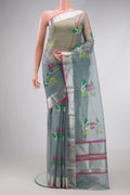 Grey Dual Tone Kota Silk Saree with Zari And Thread Butta on the body and Zari Border.  displayed on a mannequin