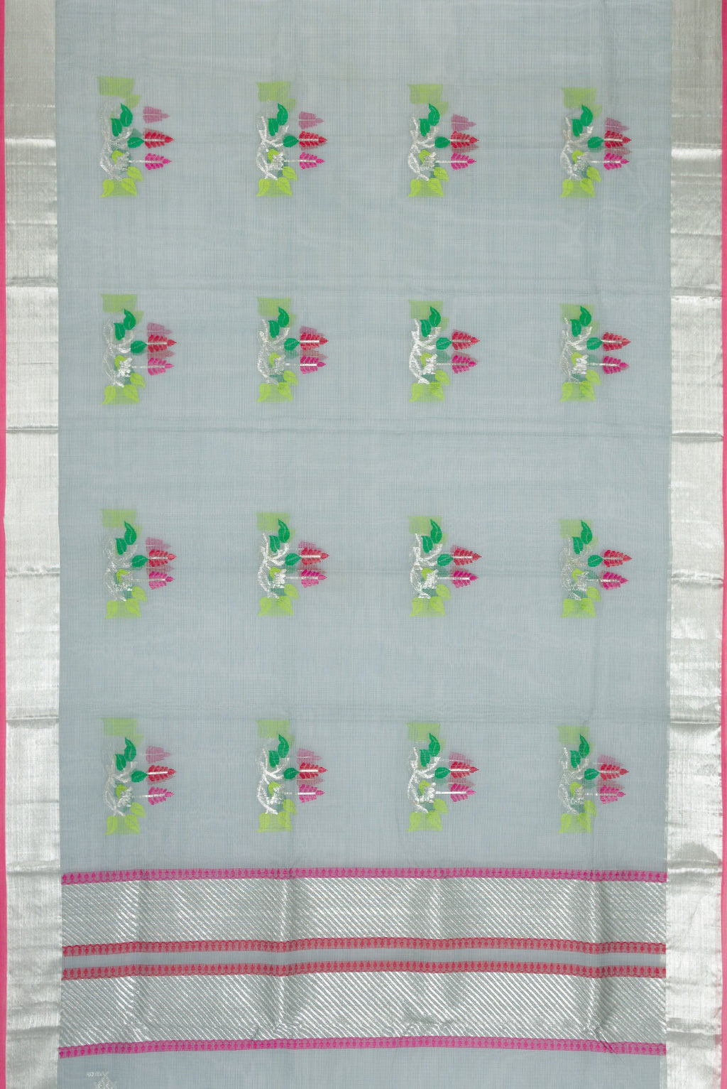 Flat view of Grey Dual Tone Kota Silk Saree with Zari And Thread Butta on the body and Zari Border. 