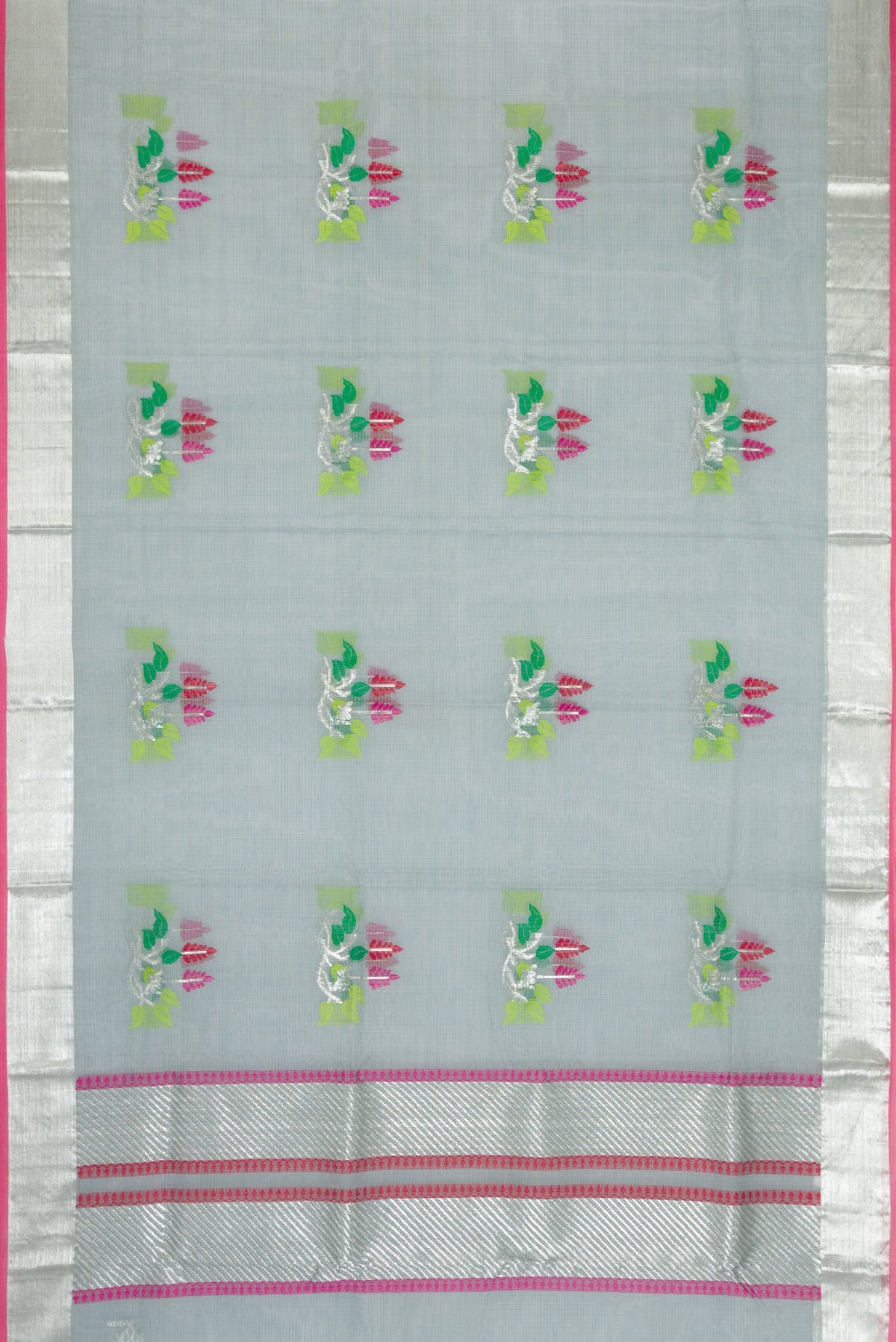Flat view of Grey Dual Tone Kota Silk Saree with Zari And Thread Butta on the body and Zari Border. 