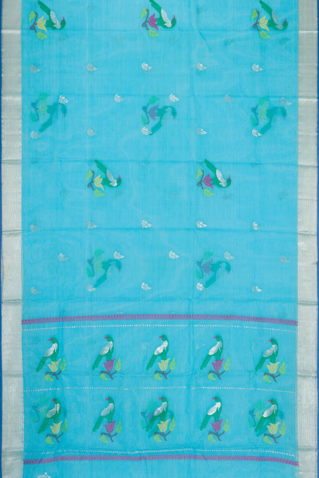 Flat view of Sky Blue Dual Tone Kota Silk Saree with Zari And Thread Butta on the body and Zari Border. 