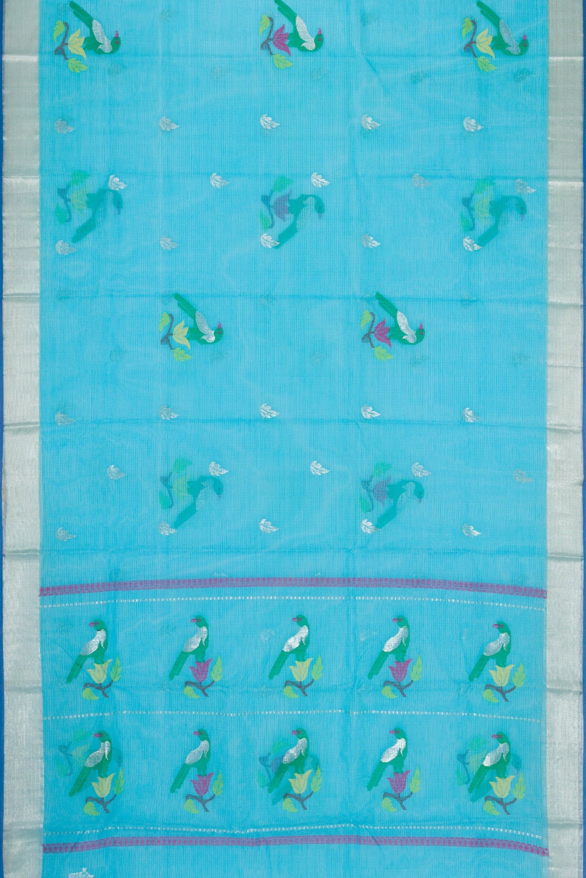 Flat view of Sky Blue Dual Tone Kota Silk Saree with Zari And Thread Butta on the body and Zari Border. 