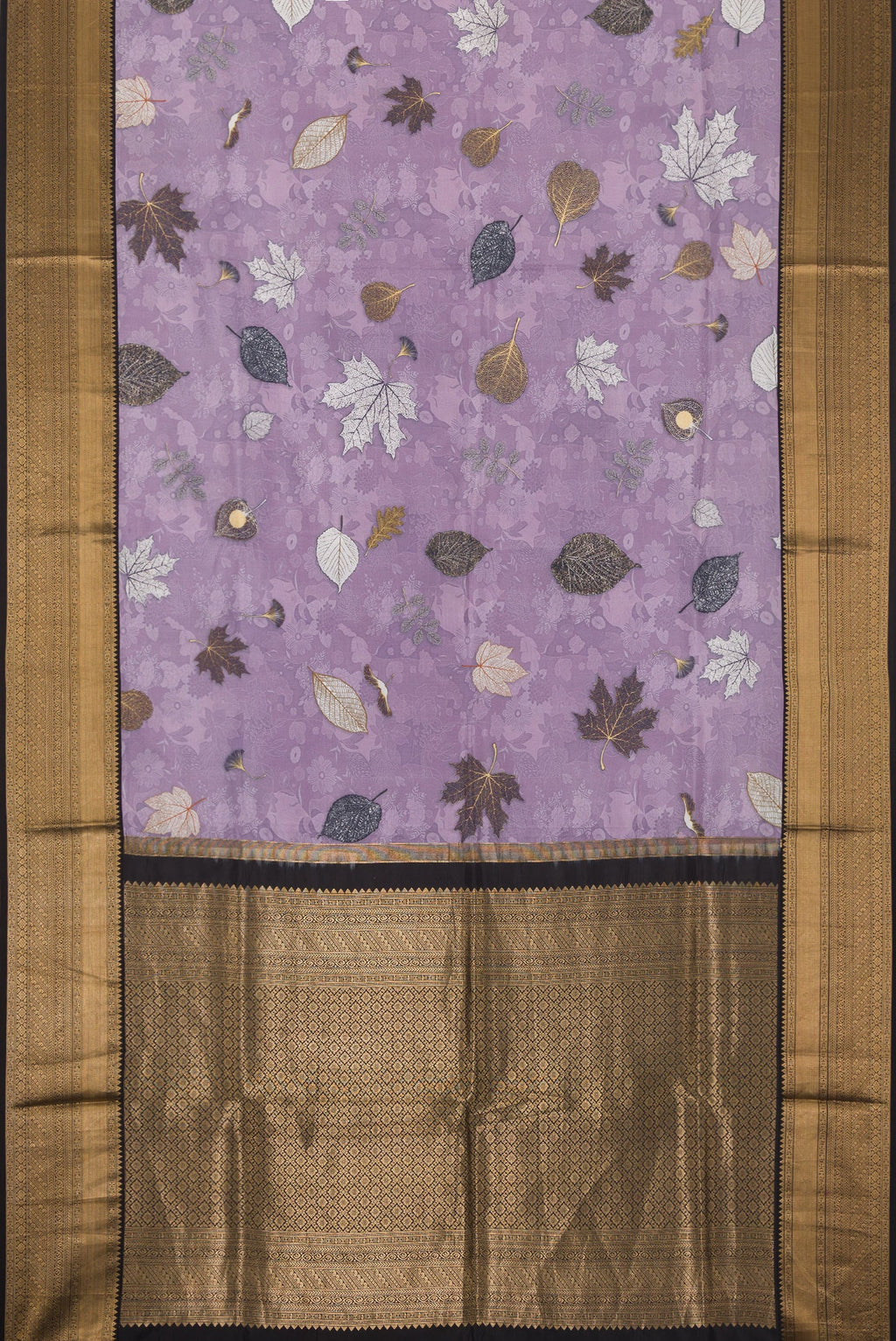 Flat view of Lavender Dual Tone Kanchipuram Silk Saree with Printed design on the body and Zari Border. 