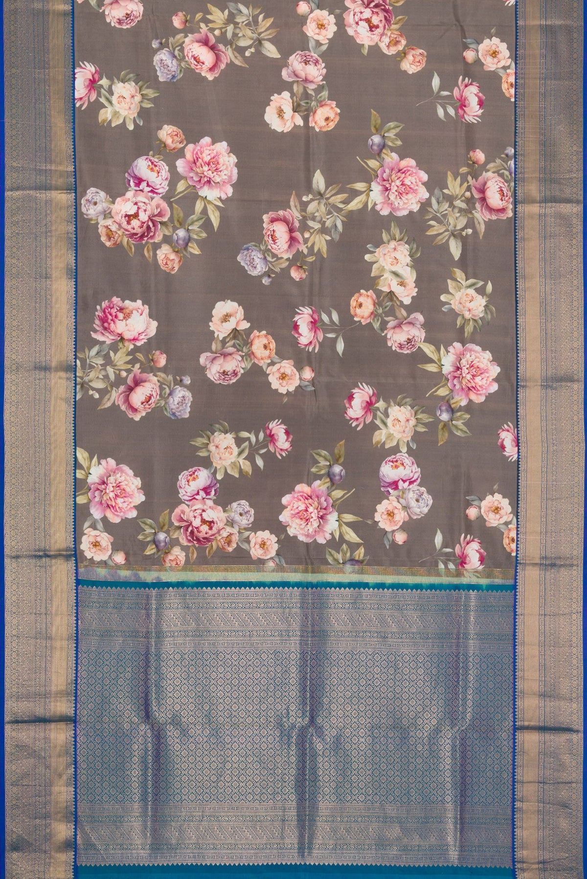 Flat view of Grey Dual Tone Kanchipuram Silk Saree with Printed design on the body and Zari Border. 