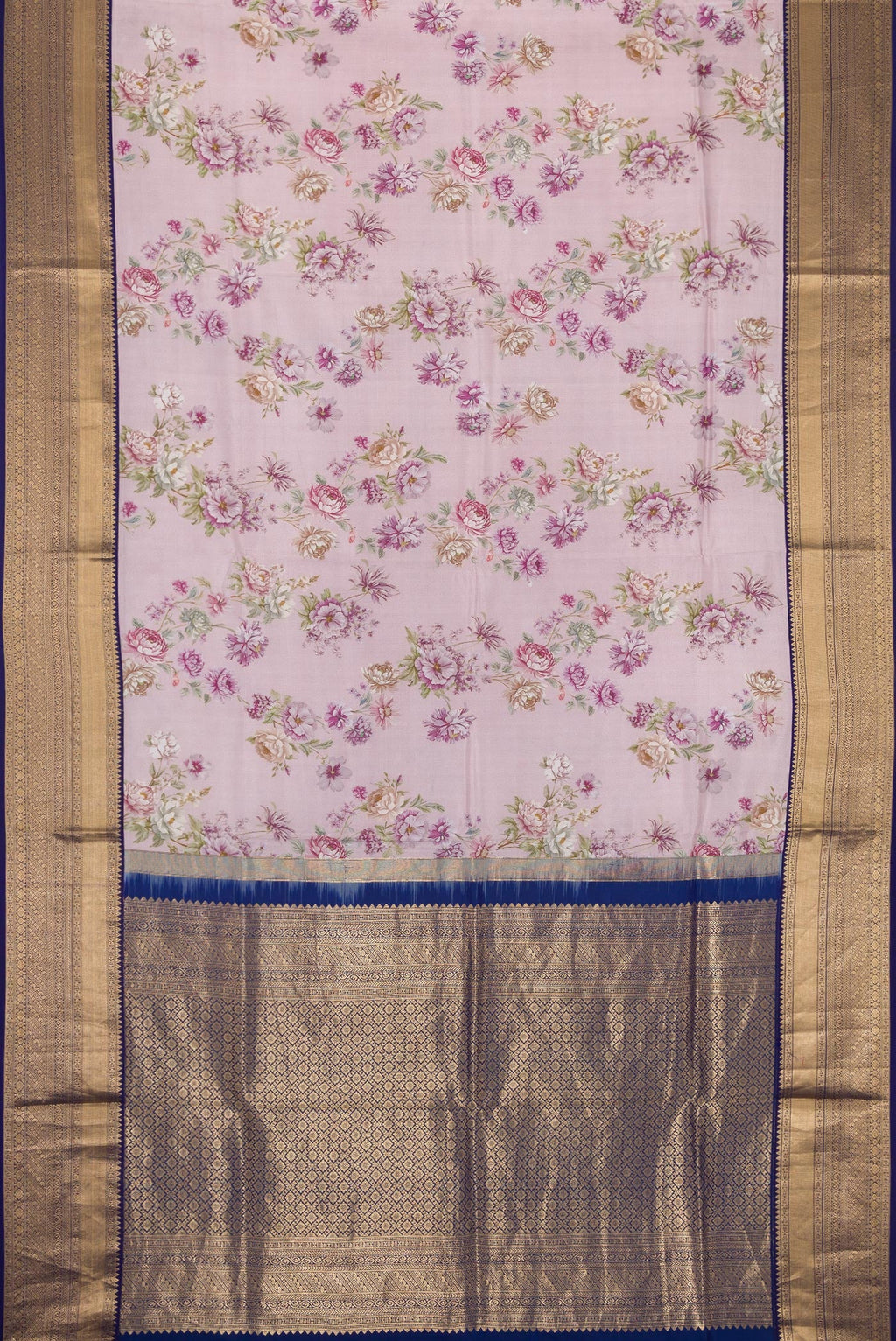 Flat view of Lilac Dual Tone Kanchipuram Silk Saree with Printed design on the body and Zari Border. 