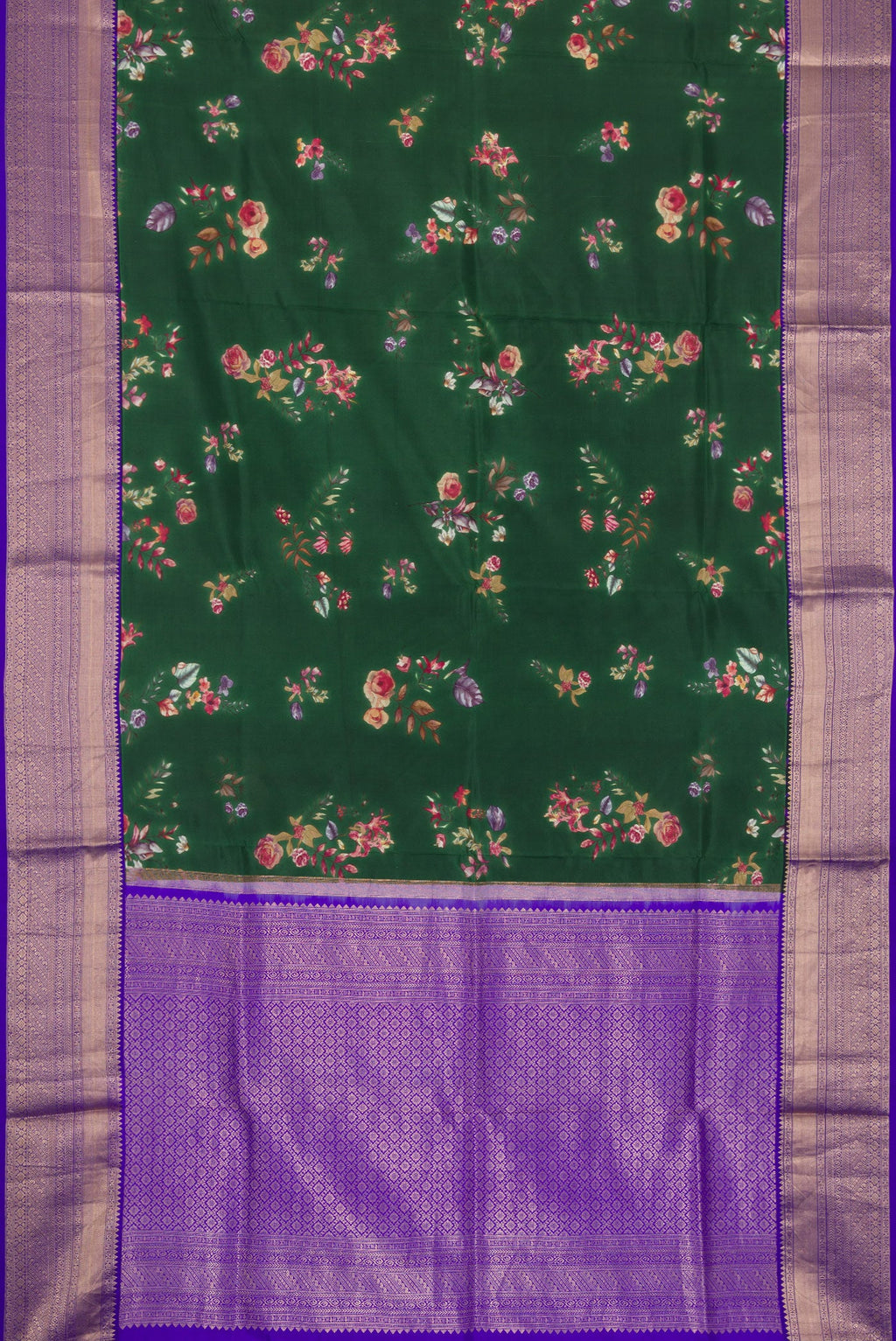 Flat view of Green Dual Tone Kanchipuram Silk Saree with Printed design on the body and Zari Border. 