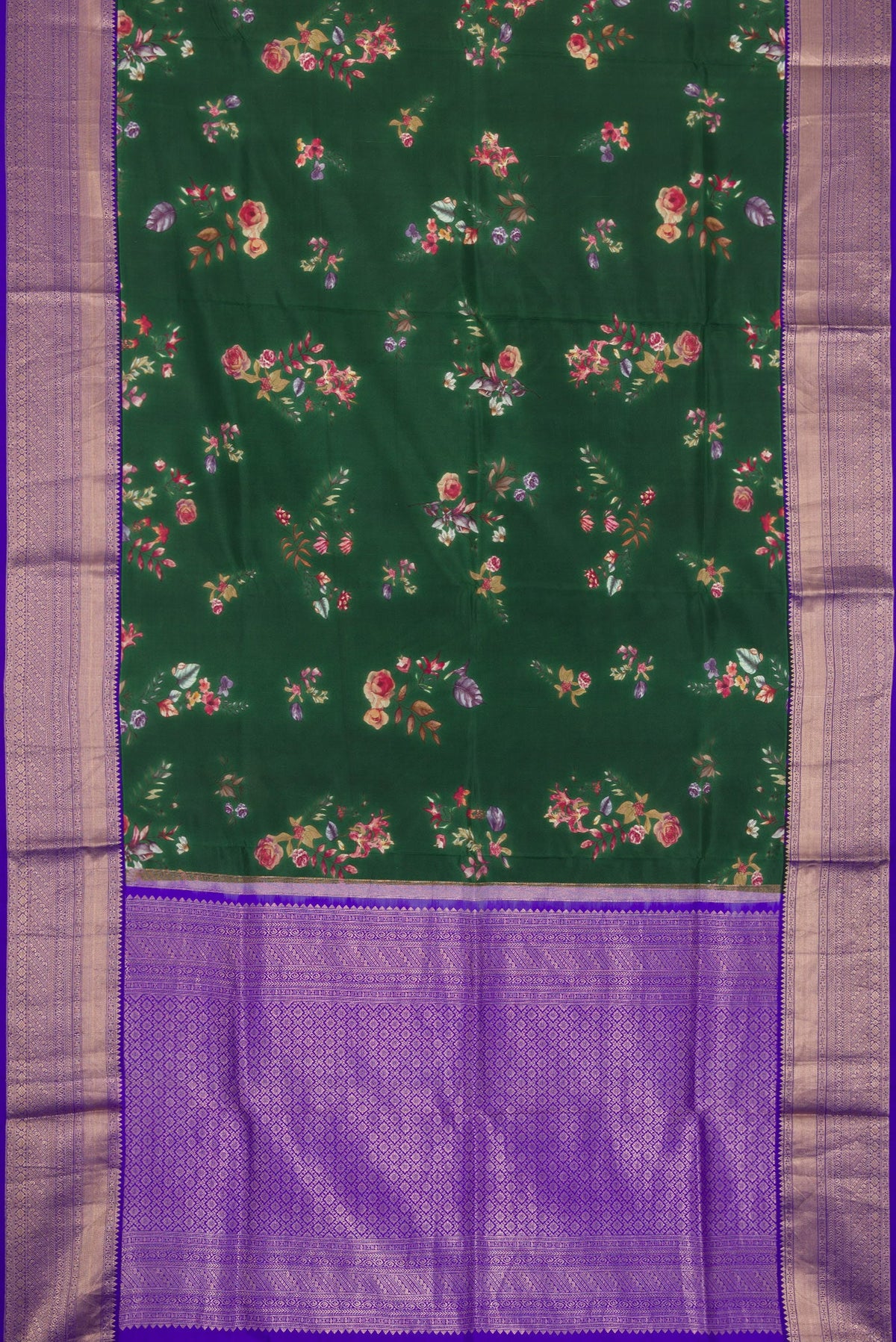 Flat view of Green Dual Tone Kanchipuram Silk Saree with Printed design on the body and Zari Border. 