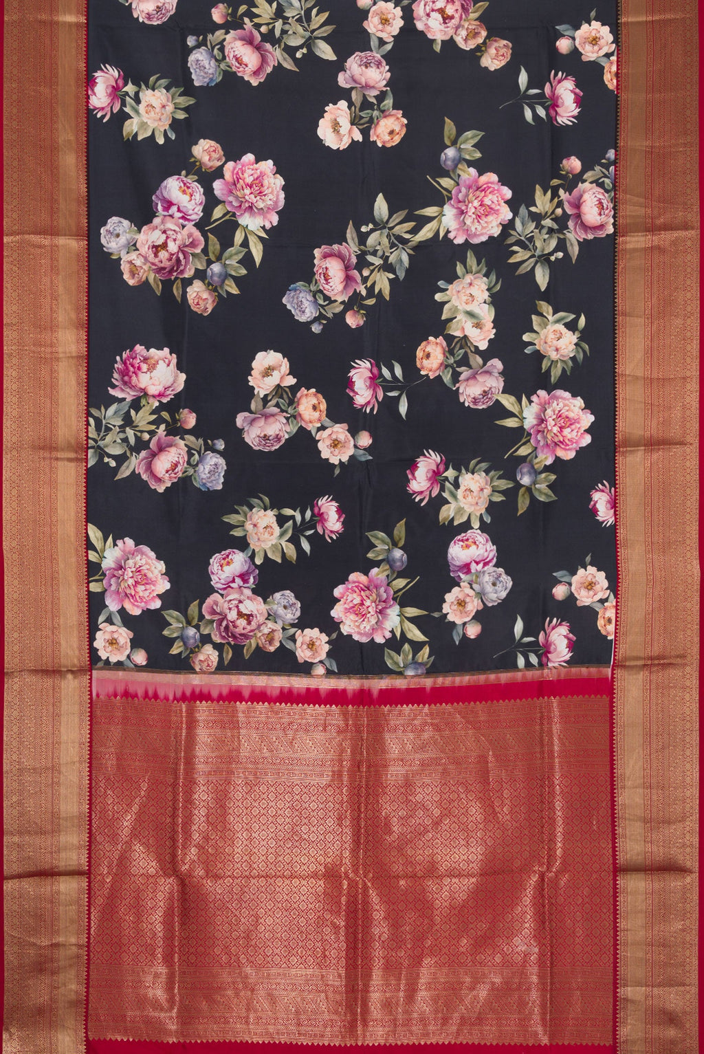 Flat view of Navy Blue Dual Tone Kanchipuram Silk Saree with Printed design on the body and Zari Border. 
