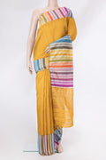 Yellow Tussar Silk Saree with Plain Body and Fancy Border.  displayed on a mannequin