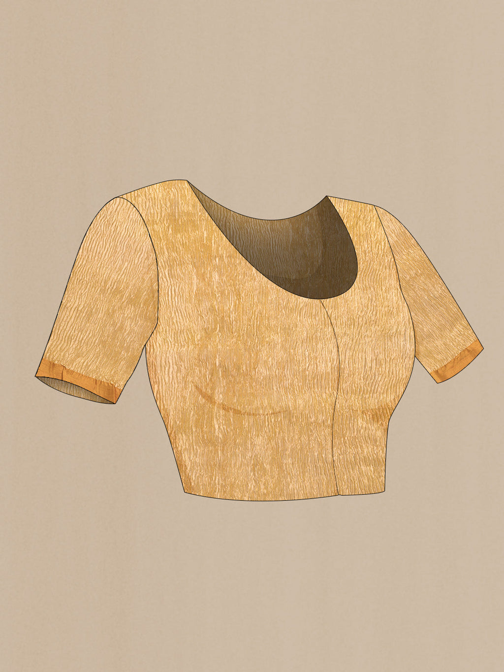 Close up image of the blouse of Mustard Dual Tone Raw Silk Saree with Plain Body and Thin Zari Line. 