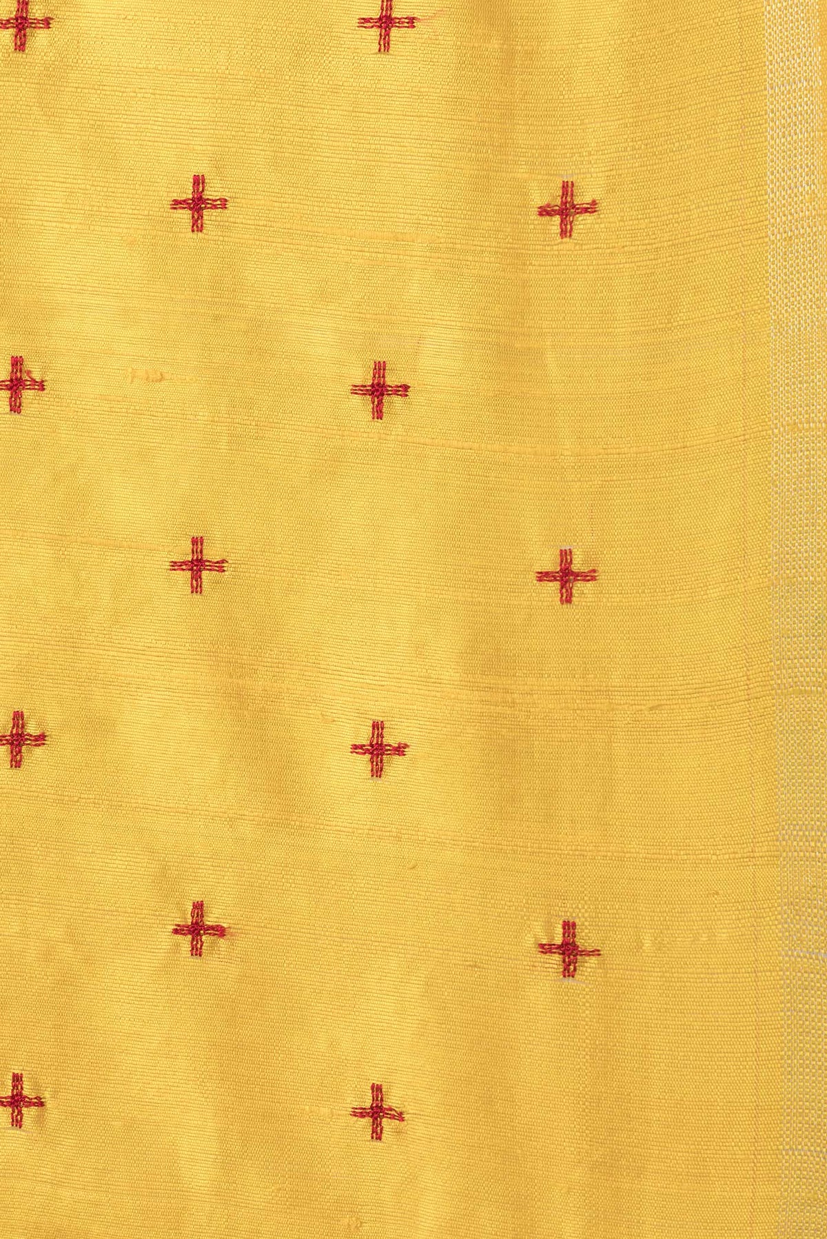 Border image of Yellow Dual Tone Raw Silk Saree with Thread Butta on the body and Thin Zari Line. 