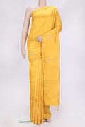 Yellow Dual Tone Raw Silk Saree with Embroidery on the body and Zari Border.  displayed on a mannequin