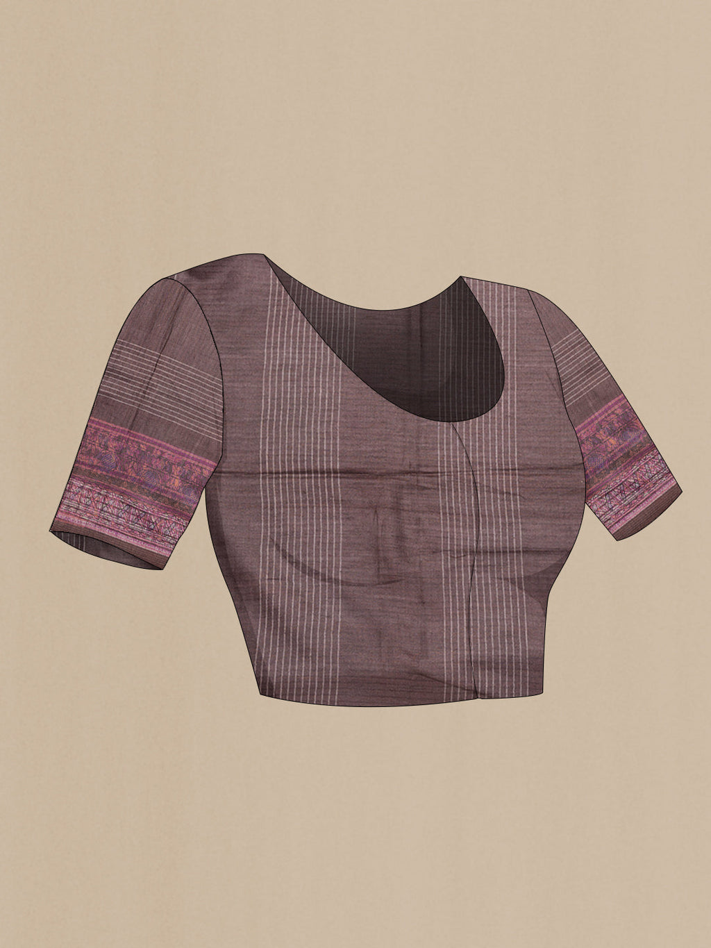 Close up image of the blouse of Green Tussar Silk Saree with Stripes on the body and Printed Border. 