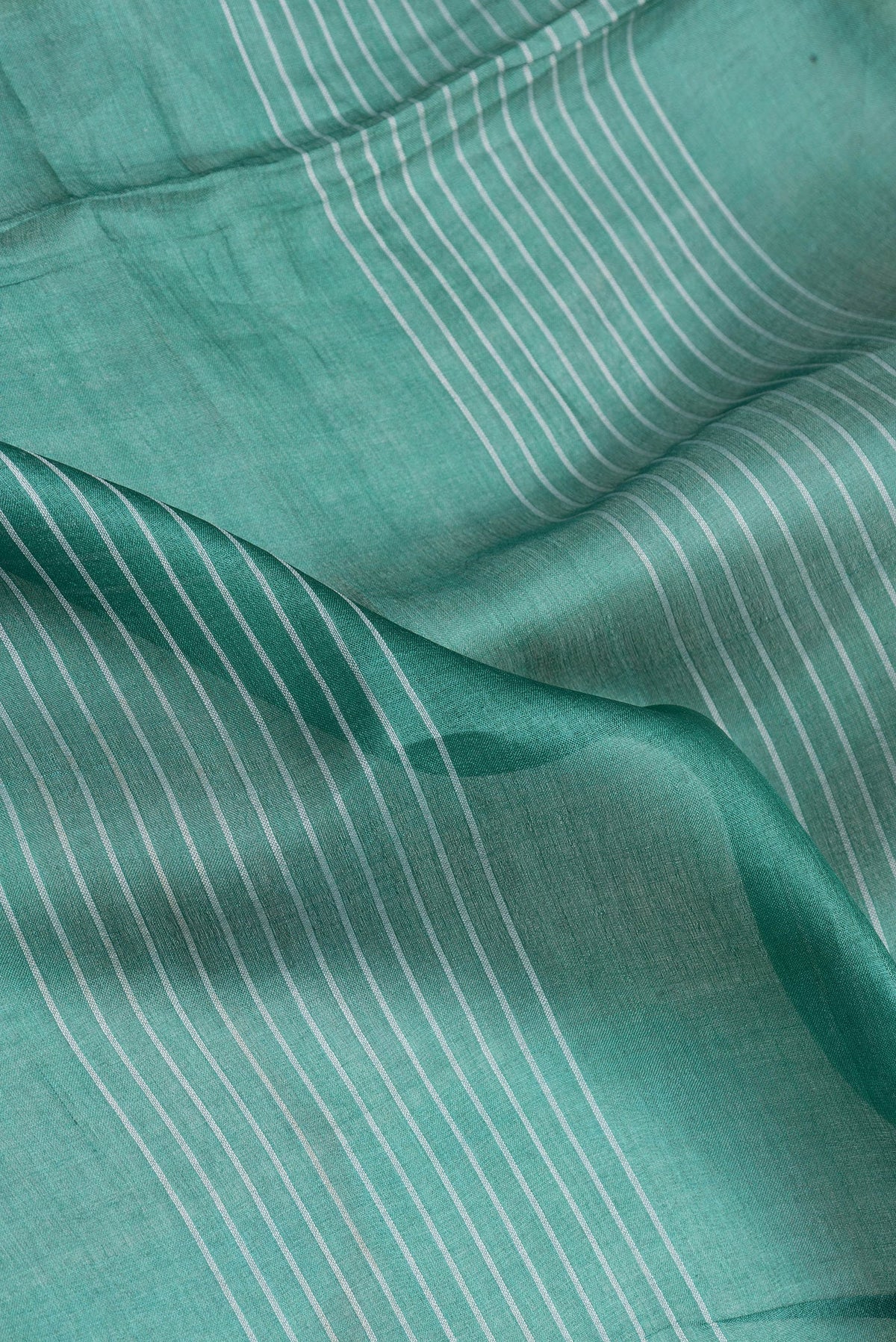 Close up of Green Tussar Silk Saree with Stripes on the body and Printed Border.  displaying folds