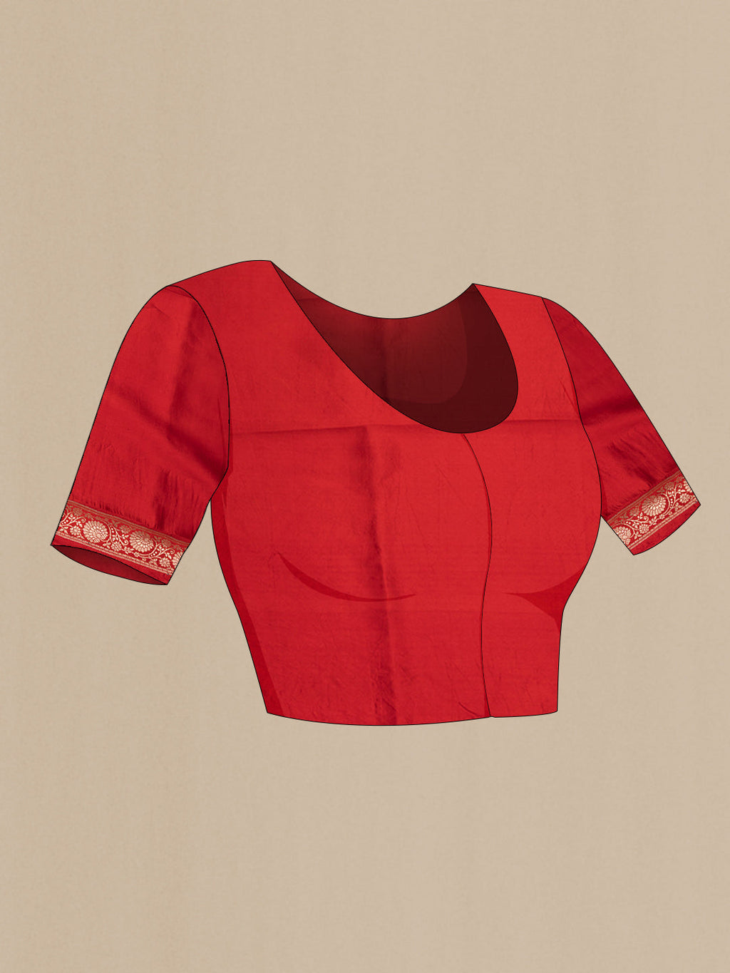 Close up image of the blouse of Red Tussar Silk Saree with Zari Butta on the body and Zari Border. 