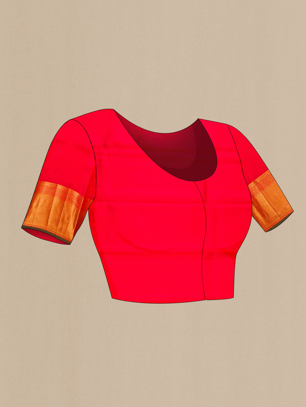 Close up image of the blouse of Red Kanchipuram Silk Saree with Zari Brocade on the body and Zari Border. 