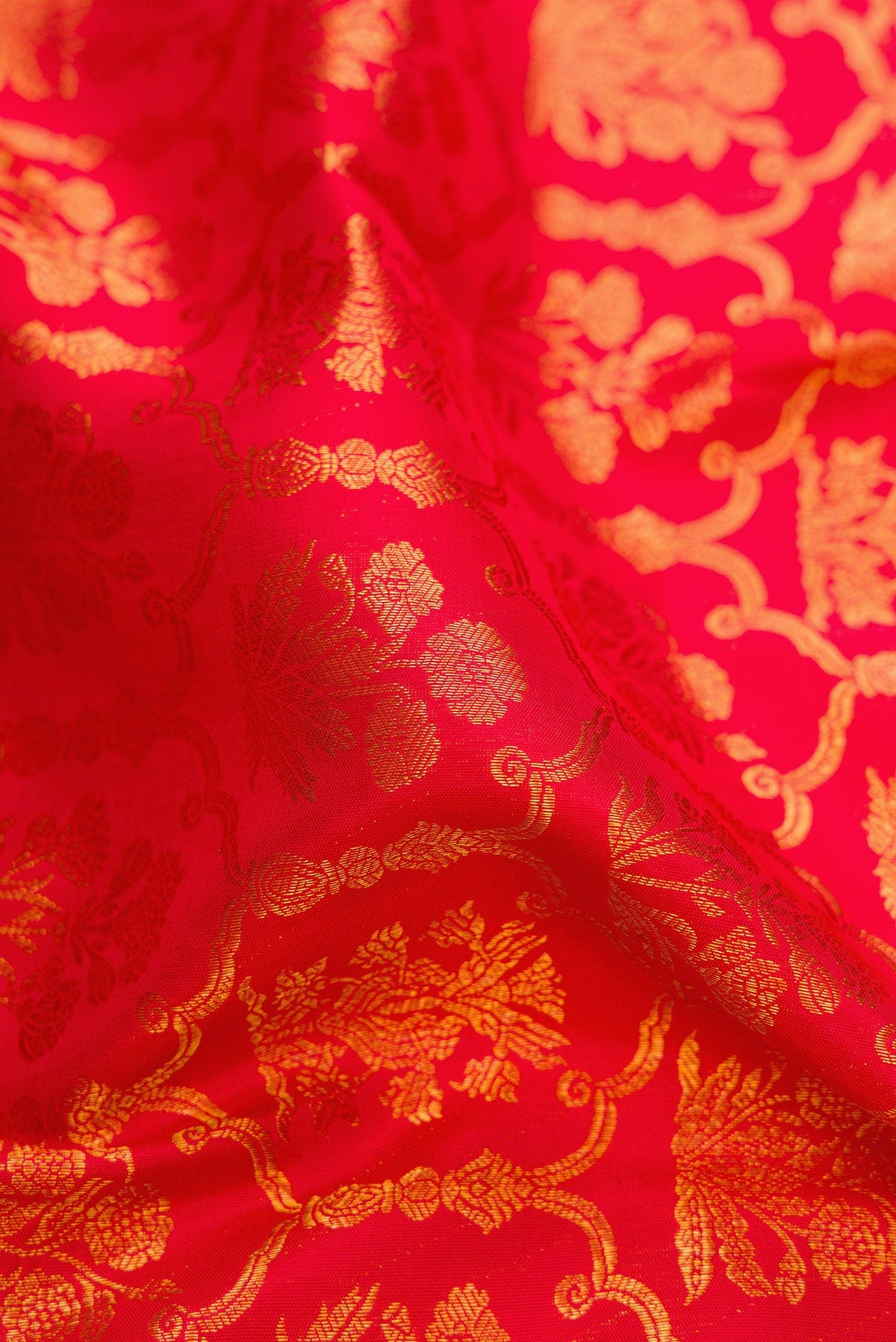 Close up of Red Kanchipuram Silk Saree with Zari Brocade on the body and Zari Border.  displaying folds