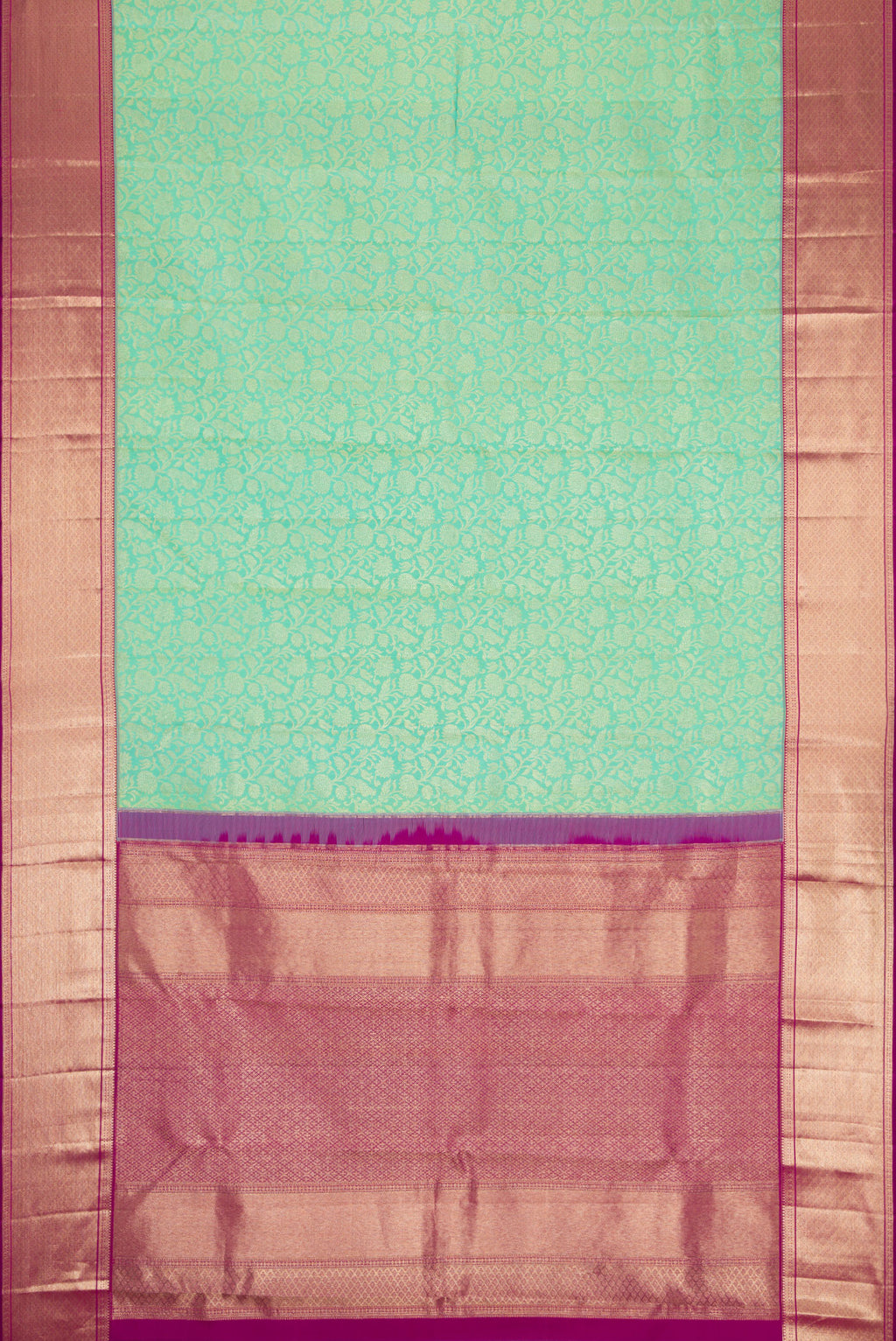 Flat view of Turquoise Kanchipuram Silk Saree with Zari Brocade on the body and Zari Border. 