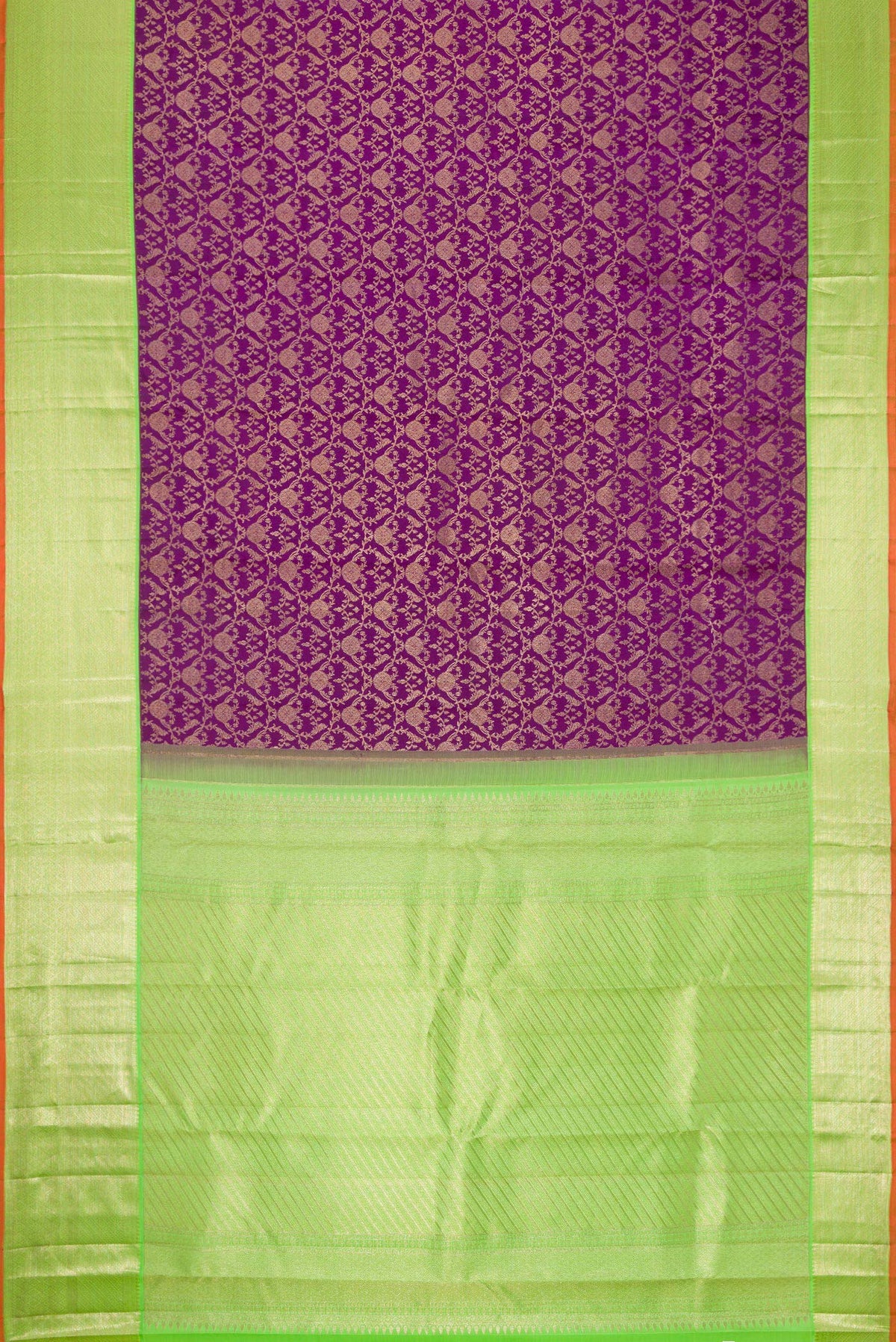 Flat view of Royal Blue Dual Tone Kanchipuram Silk Saree with Zari Brocade on the body and Zari Border. 