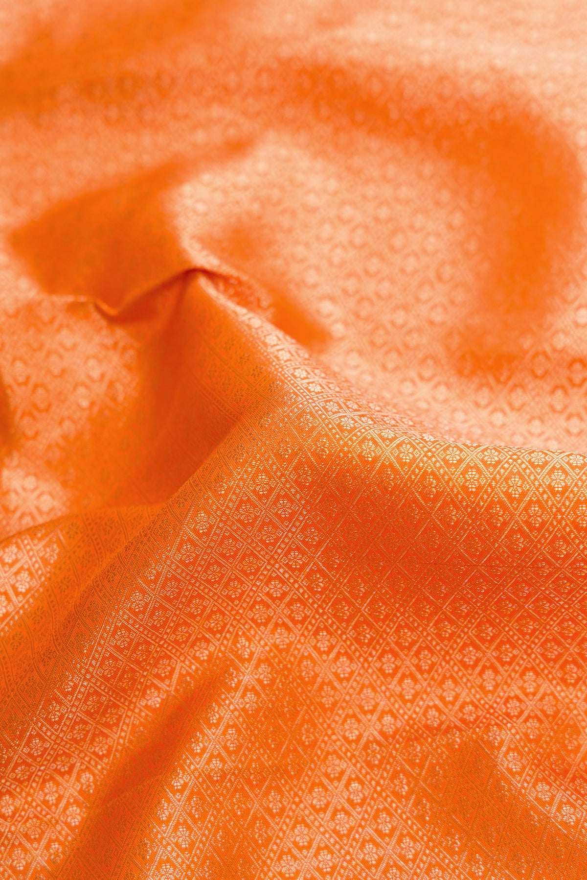 Close up of Orange Kanchipuram Silk Saree with Zari Brocade on the body and Zari Border.  displaying folds