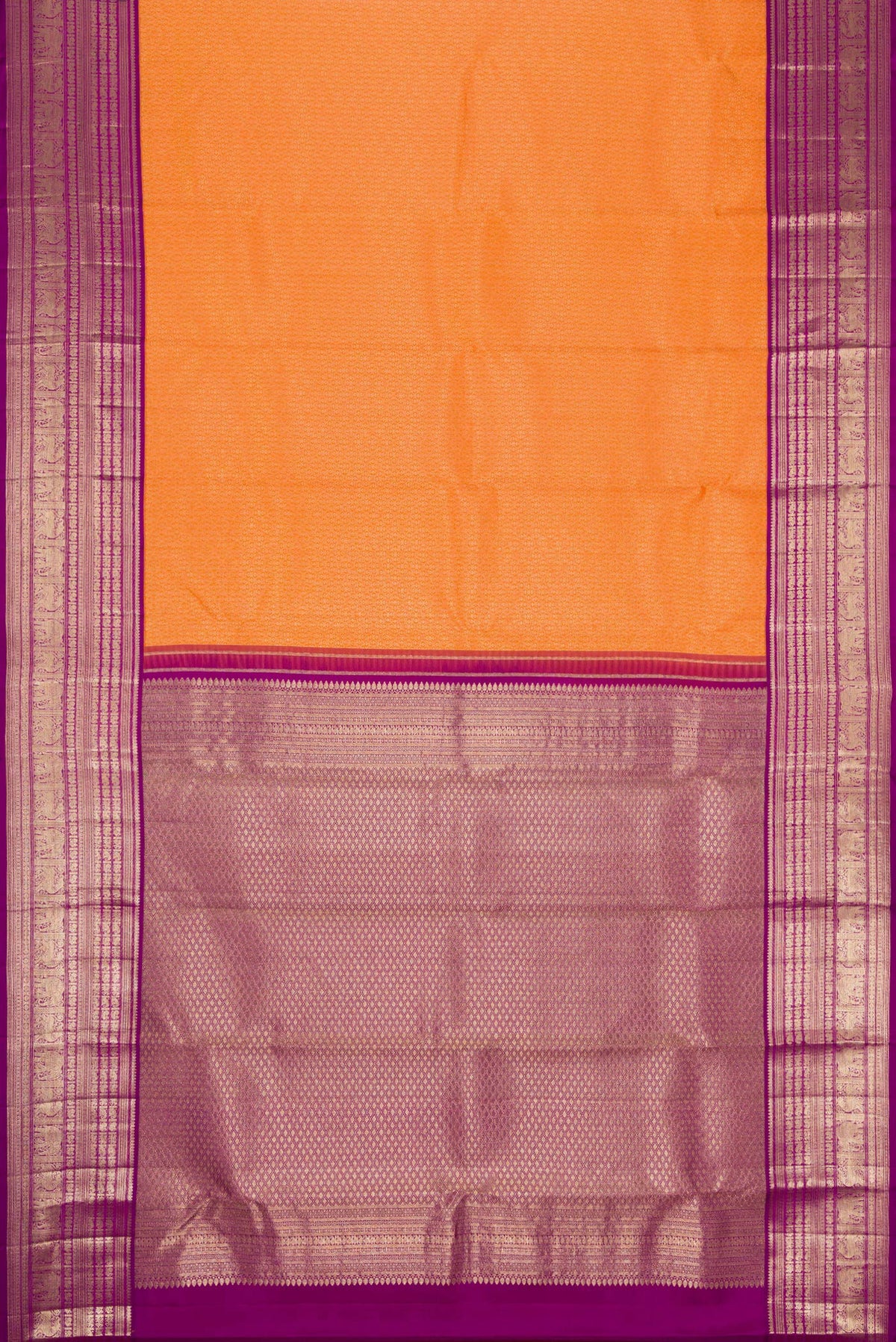 Flat view of Orange Kanchipuram Silk Saree with Zari Brocade on the body and Zari Border. 