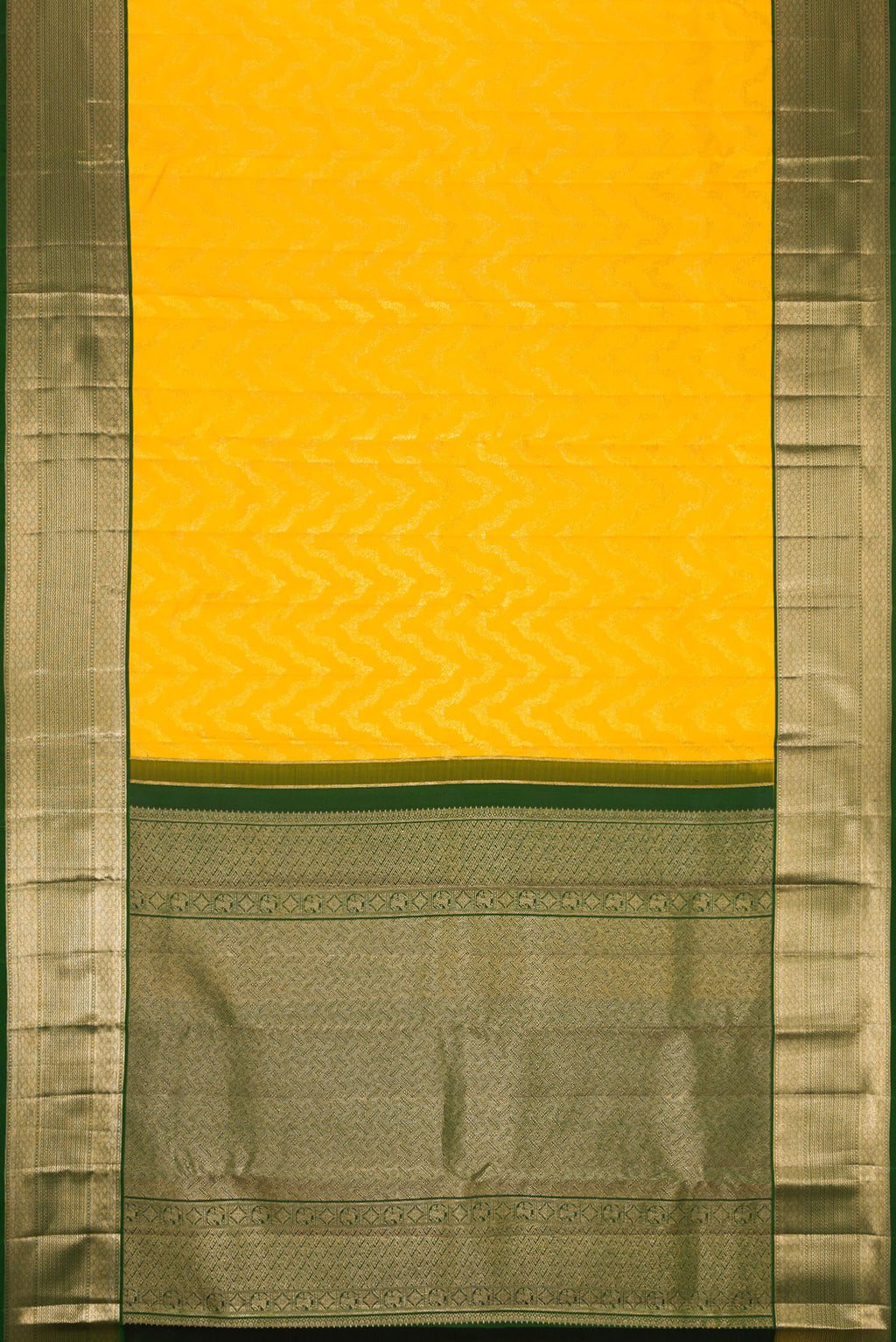 Flat view of Yellow Kanjivaram Silk Saree with Zari Brocade on the body and Zari Border. 