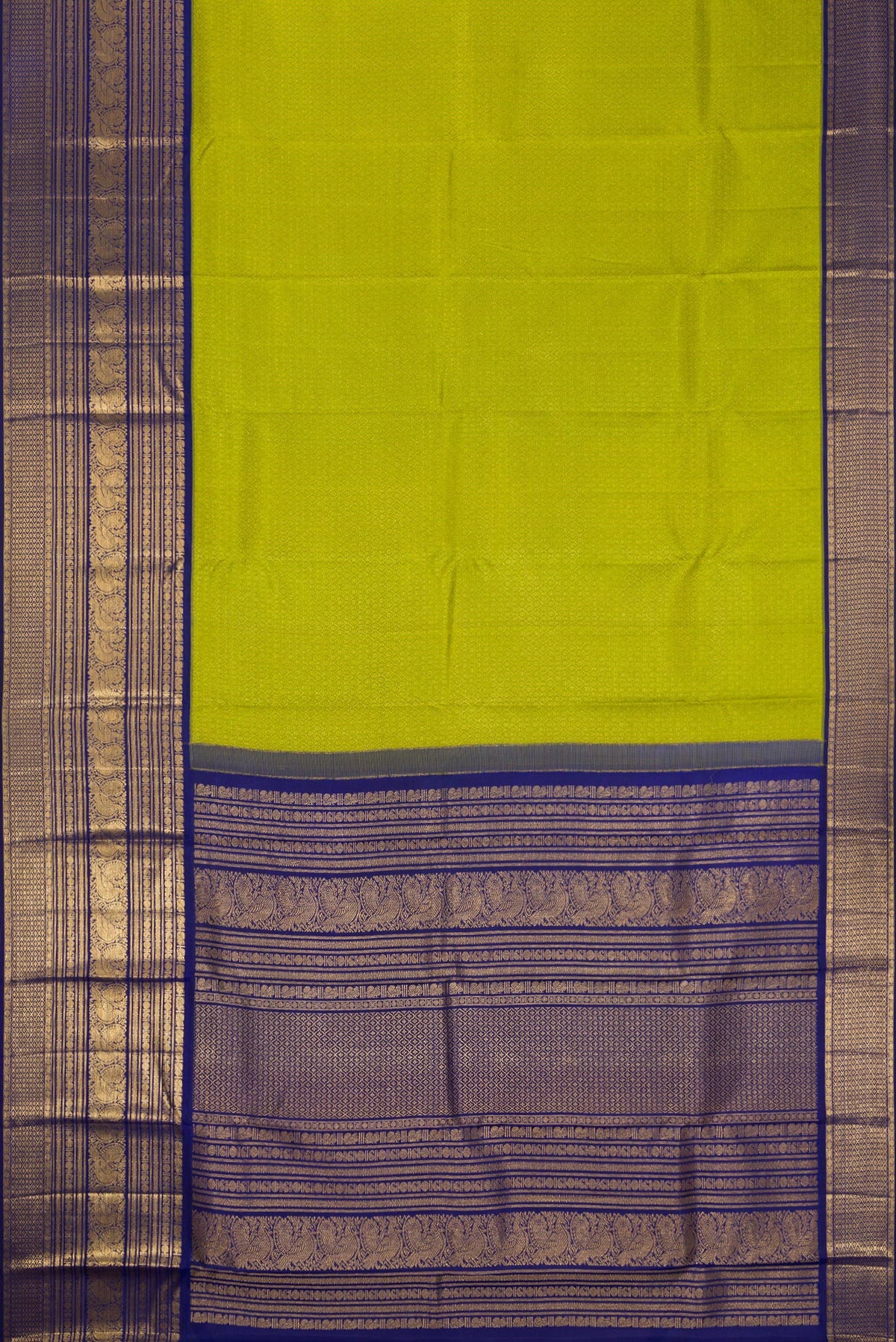 Flat view of Green Kanjivaram Silk Saree with Zari Brocade on the body and Zari Border. 