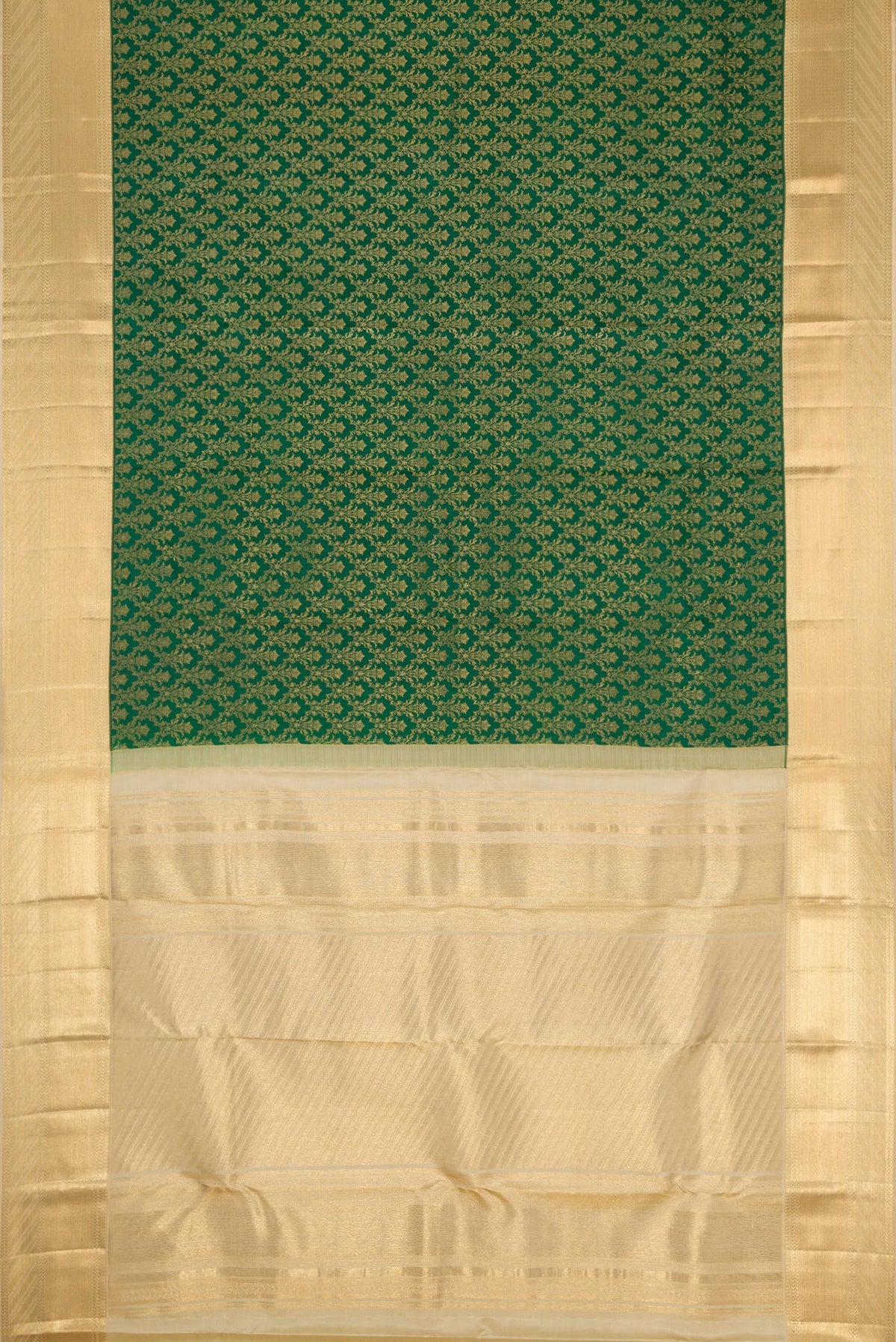 Flat view of Bottle Green Kanjivaram Silk Saree with Zari Brocade on the body and Zari Border. 