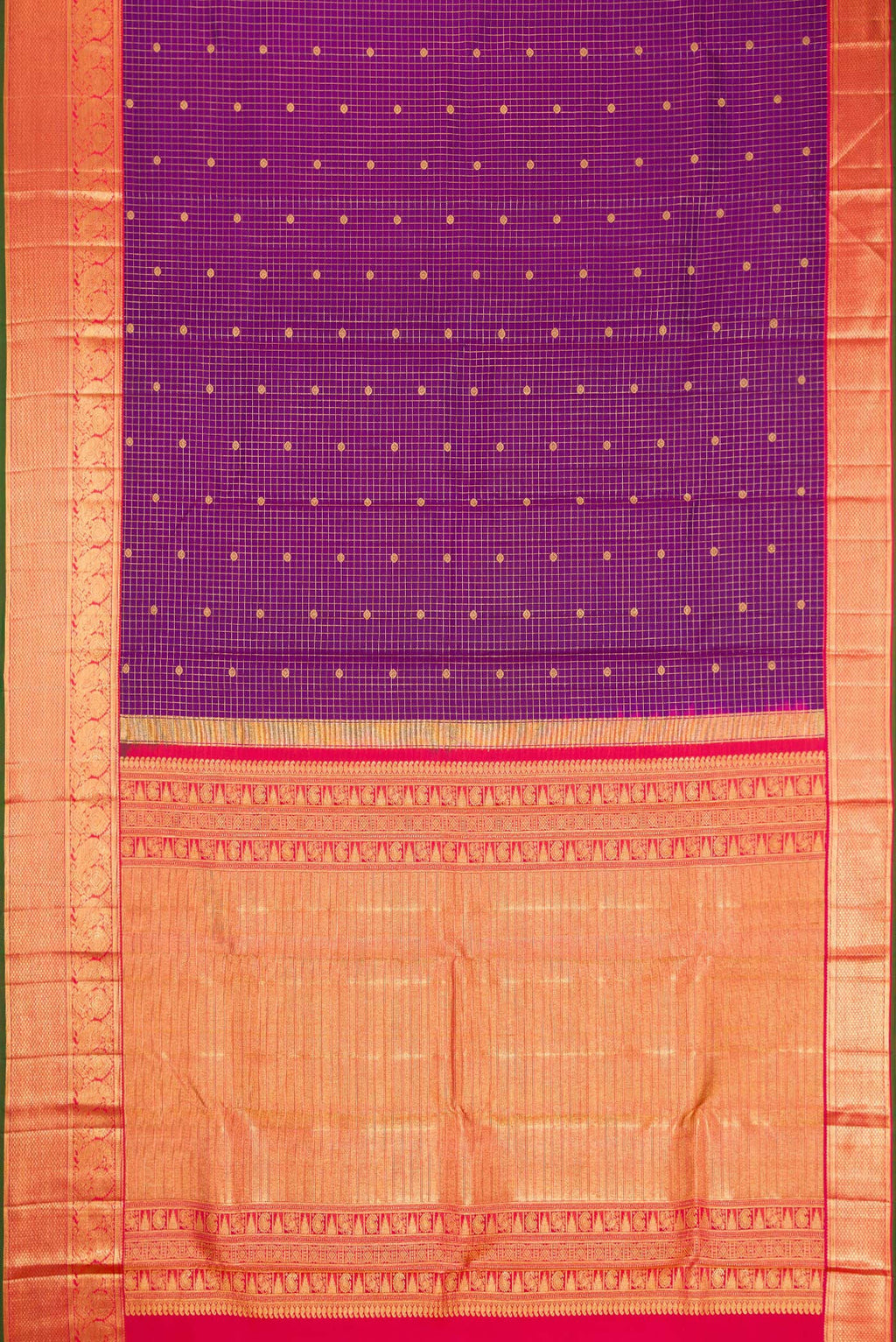 Flat view of Purple Dual Tone Kanjivaram Silk Saree with Checked design on the body and Zari Border. 