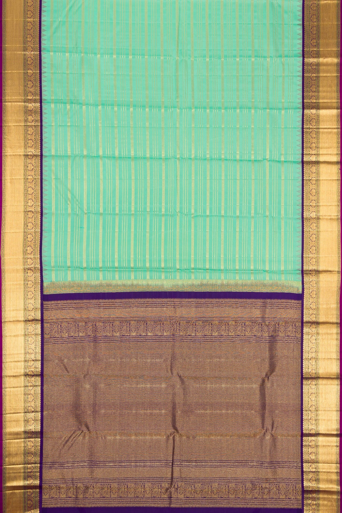 Flat view of Sea Green Dual Tone Kanjivaram Silk Saree with Stripes on the body and Zari Border. 