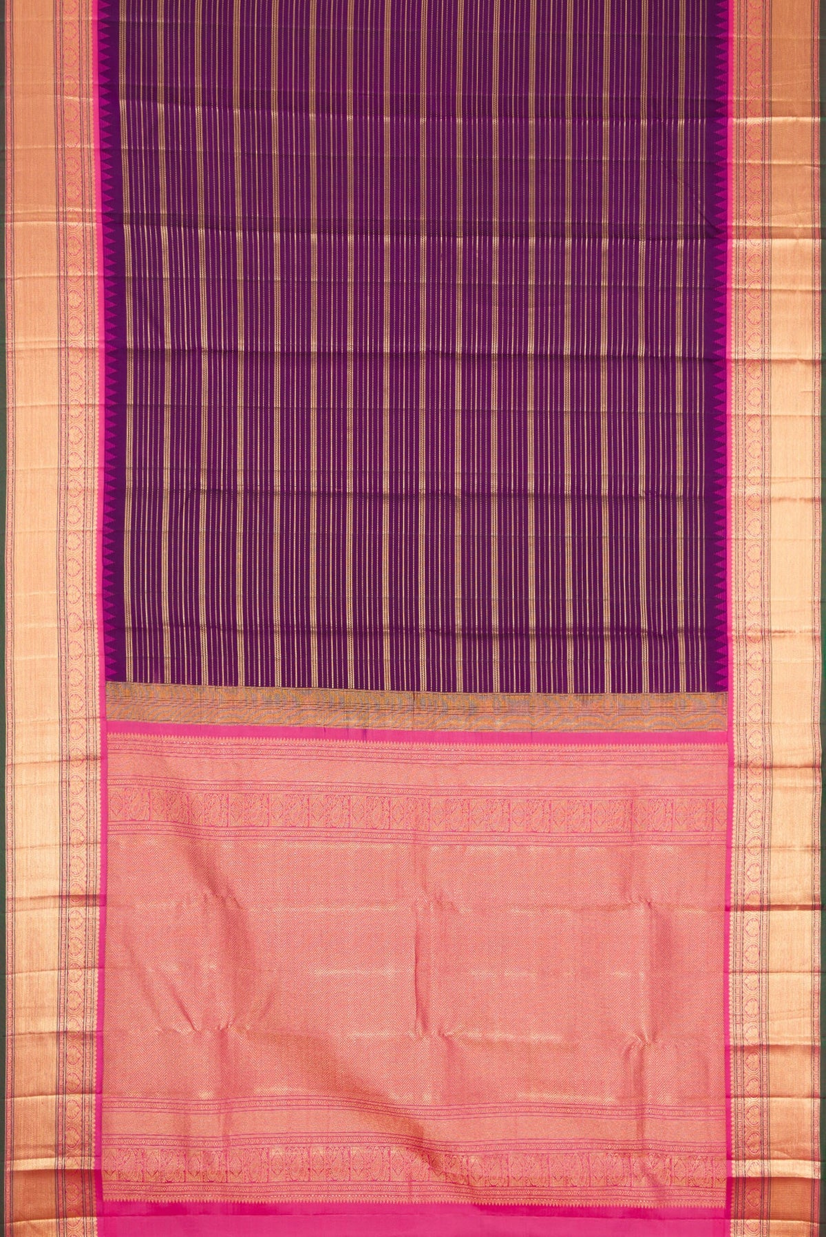 Flat view of Violet Dual Tone Kanjivaram Silk Saree with Stripes on the body and Zari Border. 
