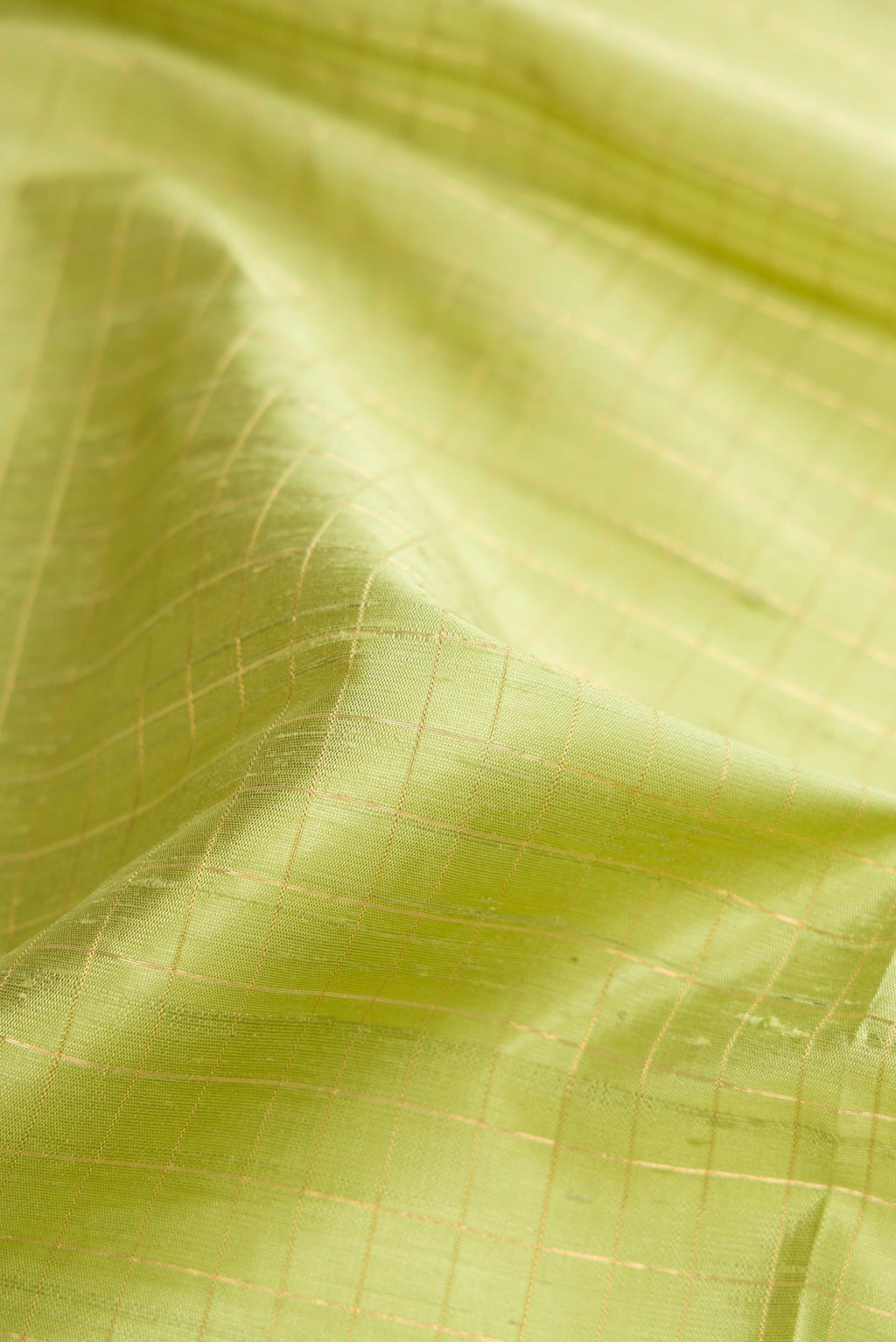 Close up of Pista Green Raw Silk Saree with Checked design on the body and Zari Border.  displaying folds