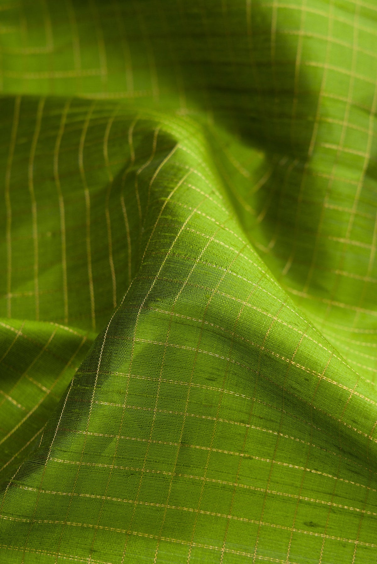 Close up of Green Dual Tone Raw Silk Saree with Stripes on the body and Zari Border.  displaying folds