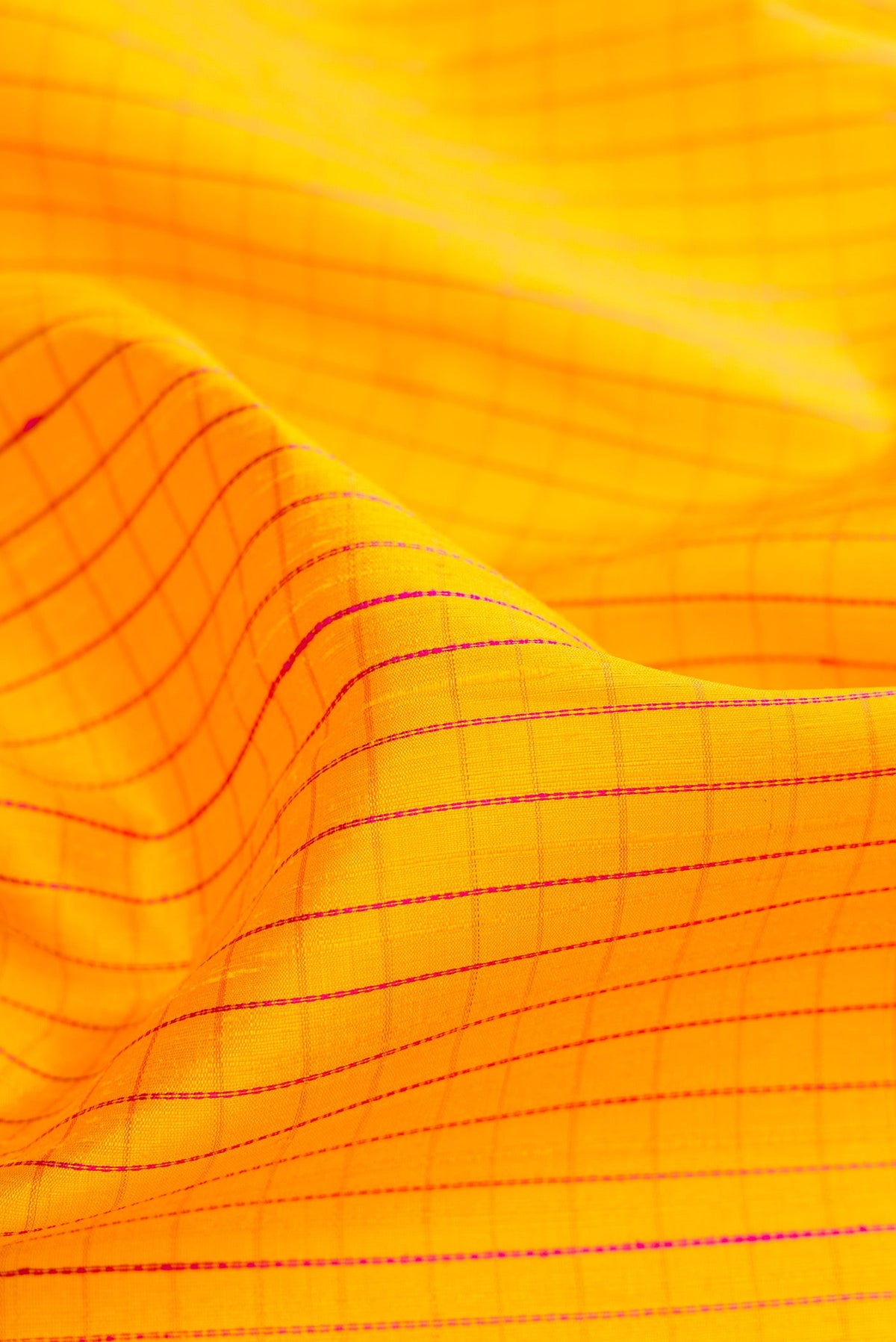Close up of Yellow Dual Tone Raw Silk Saree with Checked design on the body and Zari Border.  displaying folds