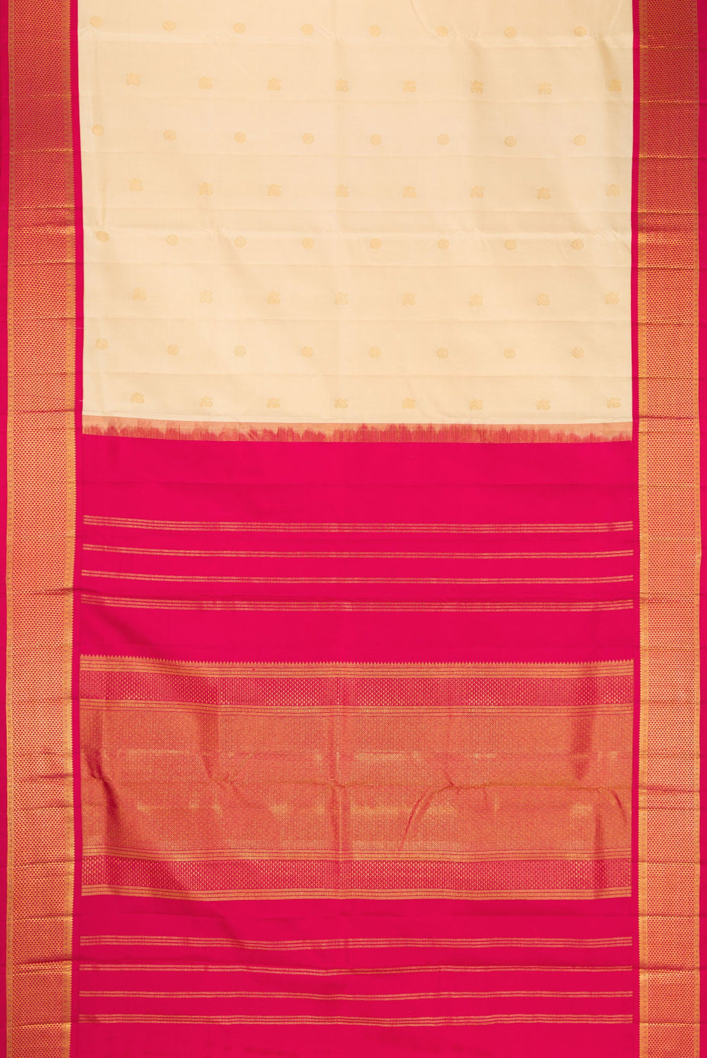 Flat view of Pure Silk Pure Zari Off White Dual Tone Kanjivaram Nine Yards Saree with Zari Butta on the body and Zari Border. 