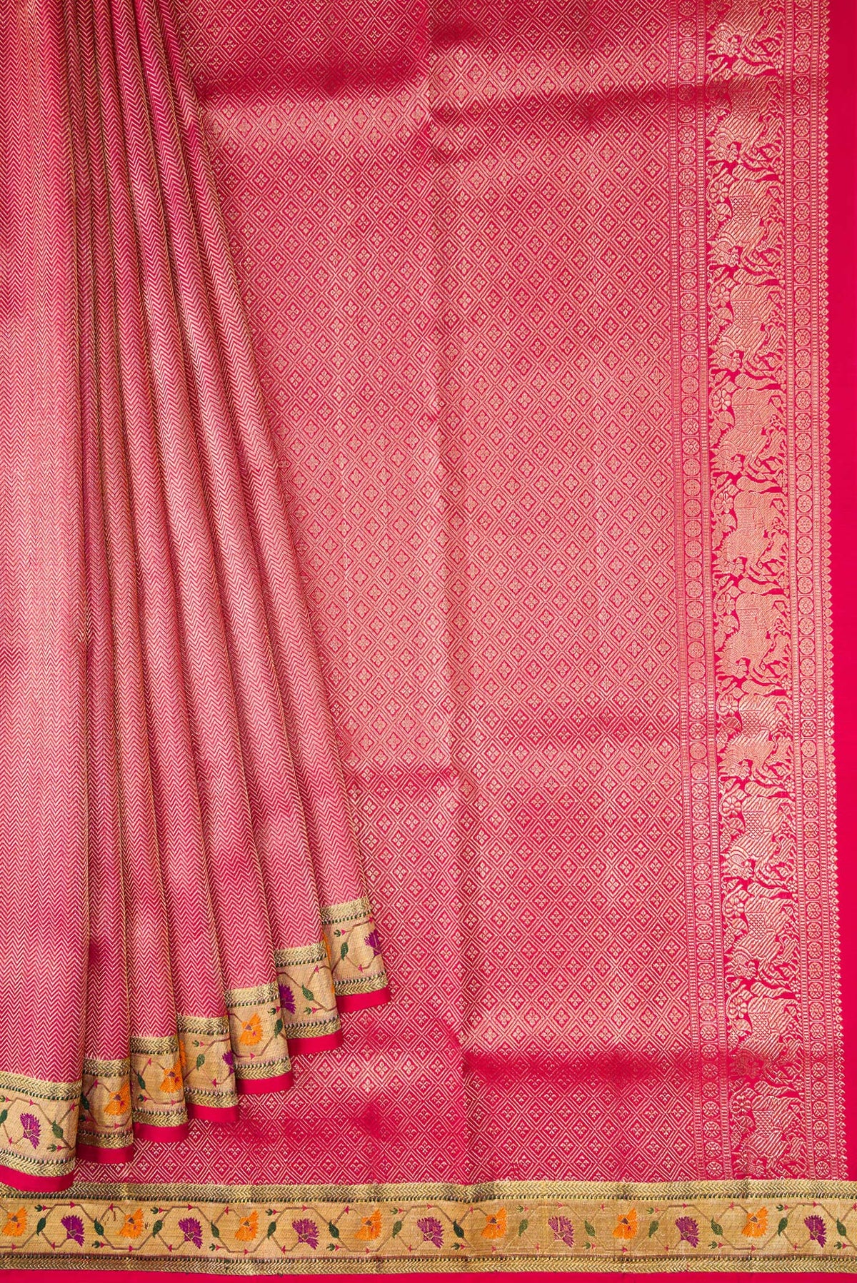 Pleats and pallu of Pink Dual Tone Kanjivaram Tissue Silk Saree with Zari Brocade on the body and Paithani Border. 