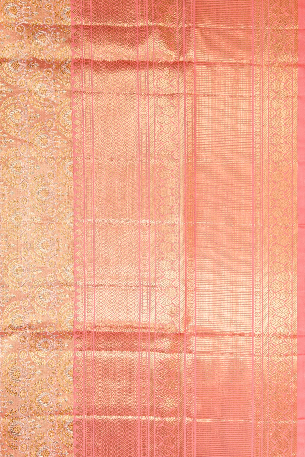Border image of Peach Dual Tone Kanjivaram Tissue Silk Saree with Zari Brocade on the body and Zari Border. 