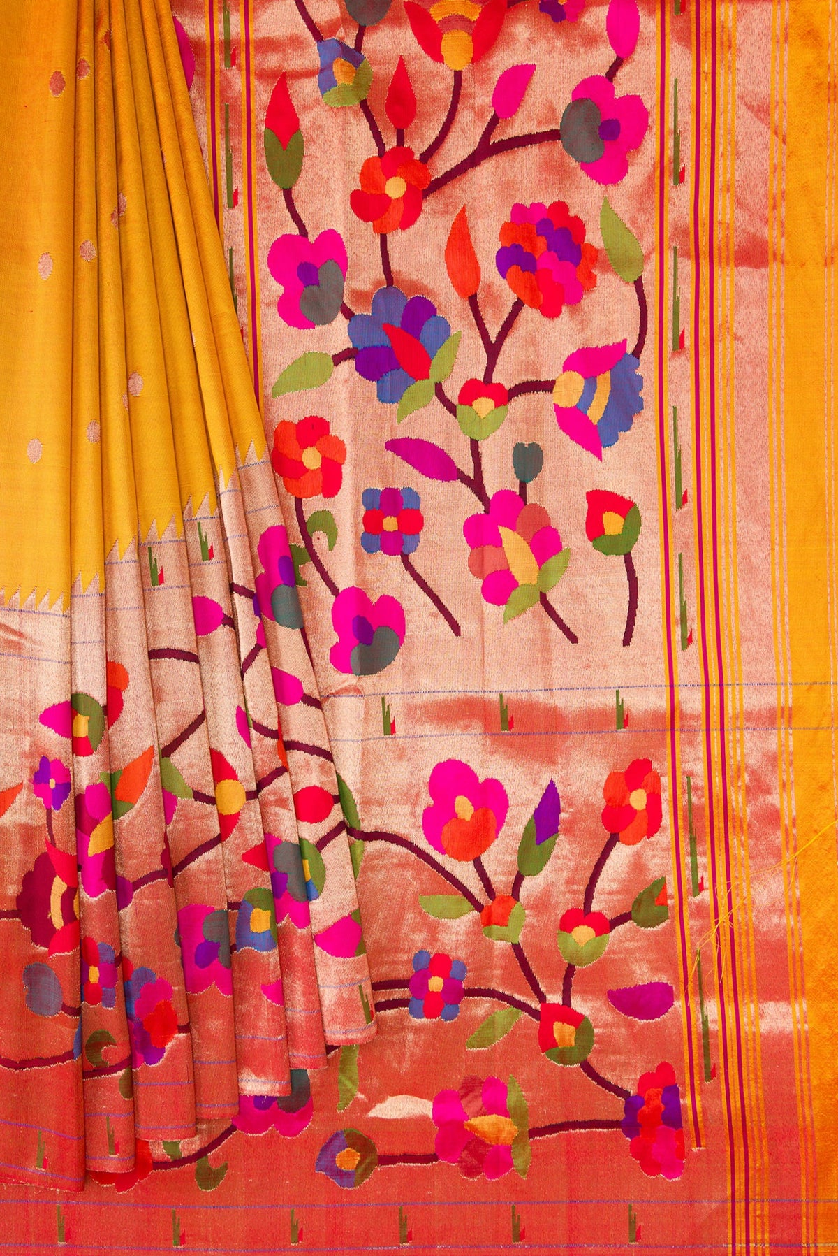 Pleats and pallu of Pure Silk Pure Zari Mustard Dual Tone Paithani Saree with Zari Butta on the body and Paithani Border. 