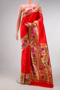 Pure Silk Pure Zari Red Dual Tone Paithani Saree with Zari Butta on the body and Paithani Border.  displayed on a mannequin