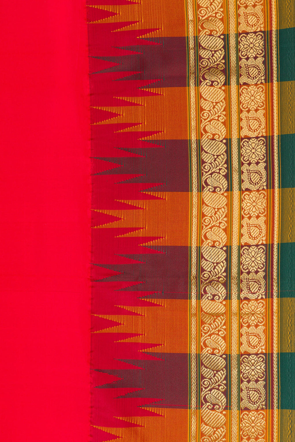 Border image of Red Dual Tone Kanjivaram Silk Saree with Plain Body and Temple Border. 