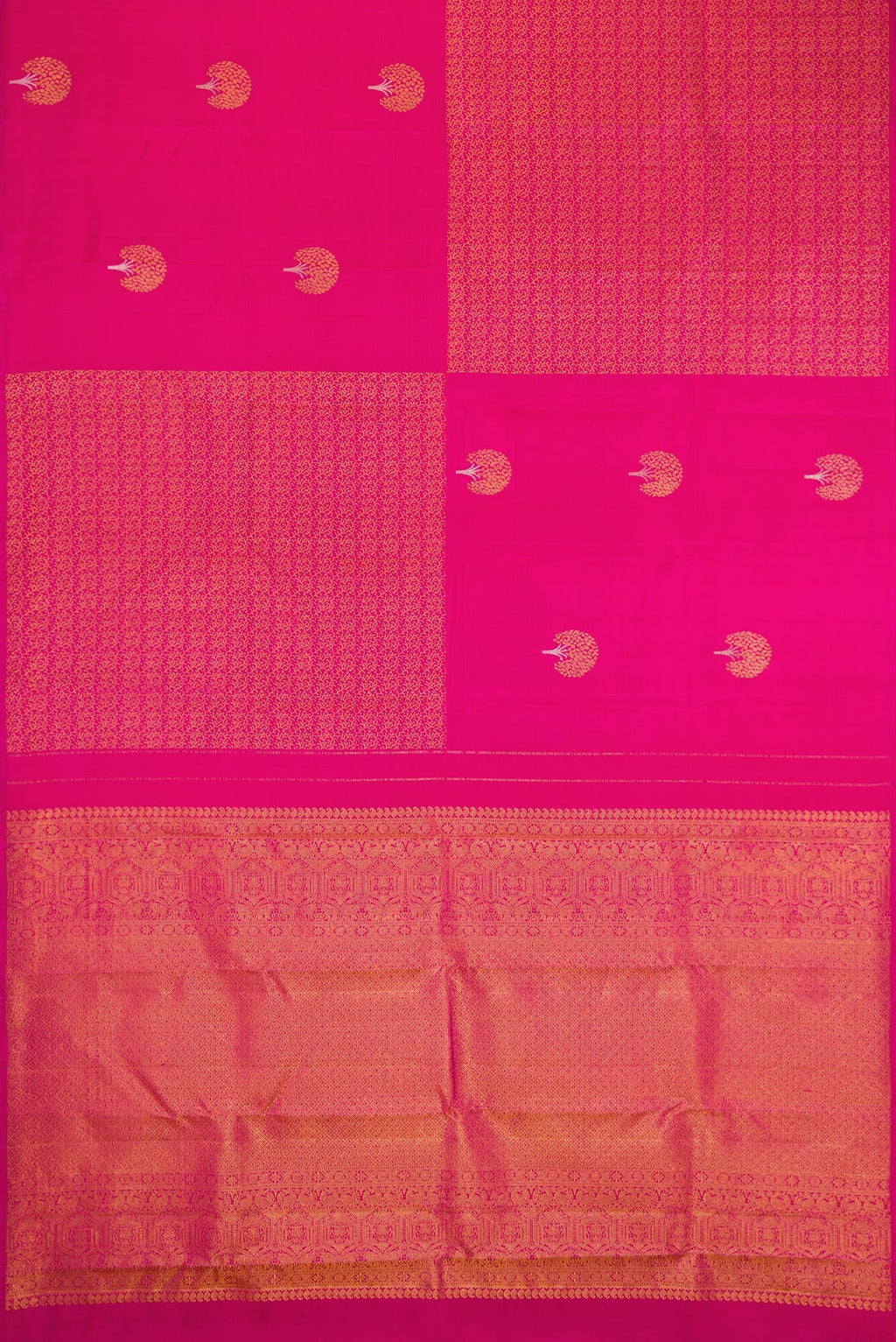 Flat view of Dark Pink Dual Tone Kanjivaram Silk Saree with Zari Butta on the body and Without Border. 