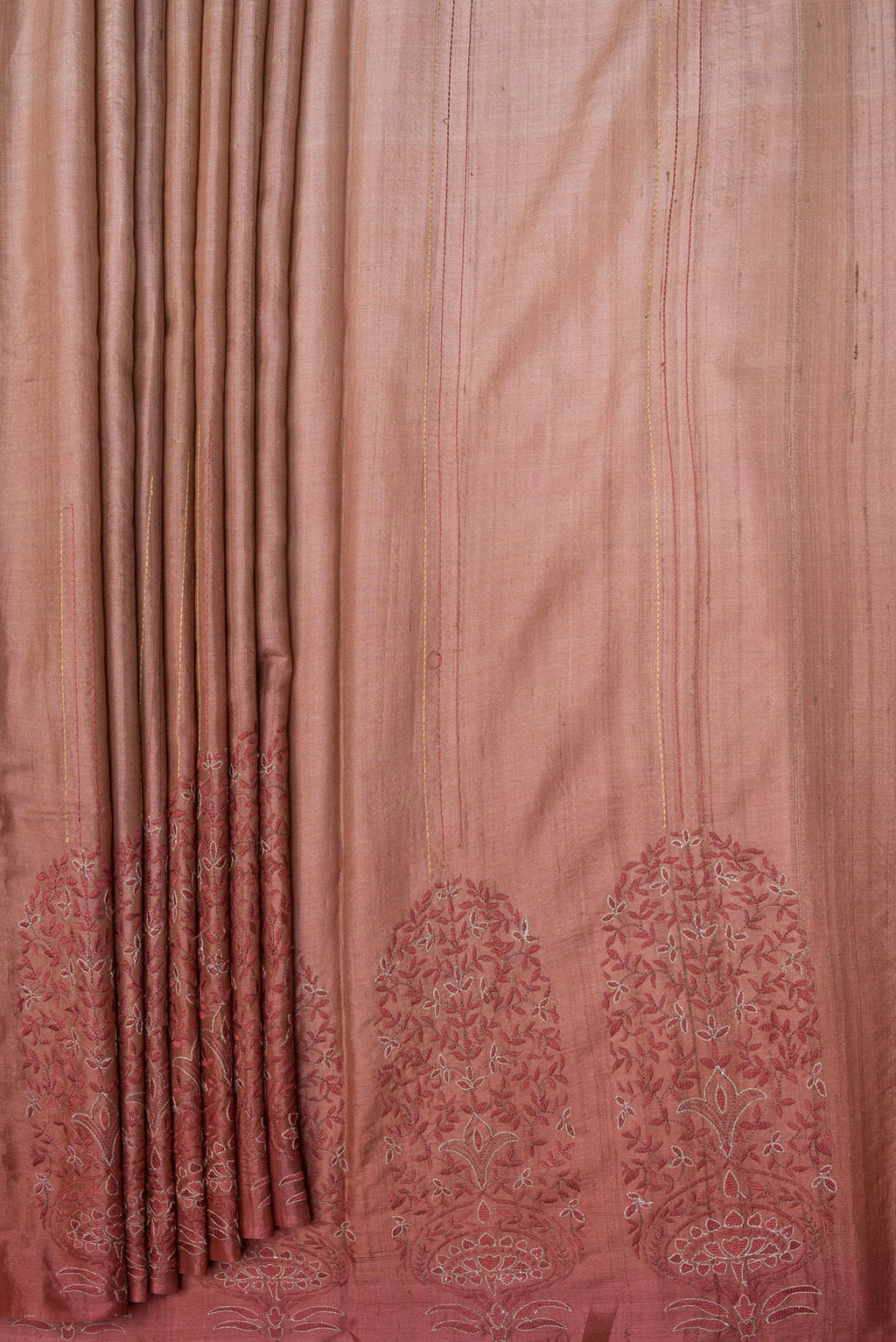 Pleats and pallu of Rose Gold Dual Tone Tussar Silk Saree with Embroidery on the body and Fancy Border. 