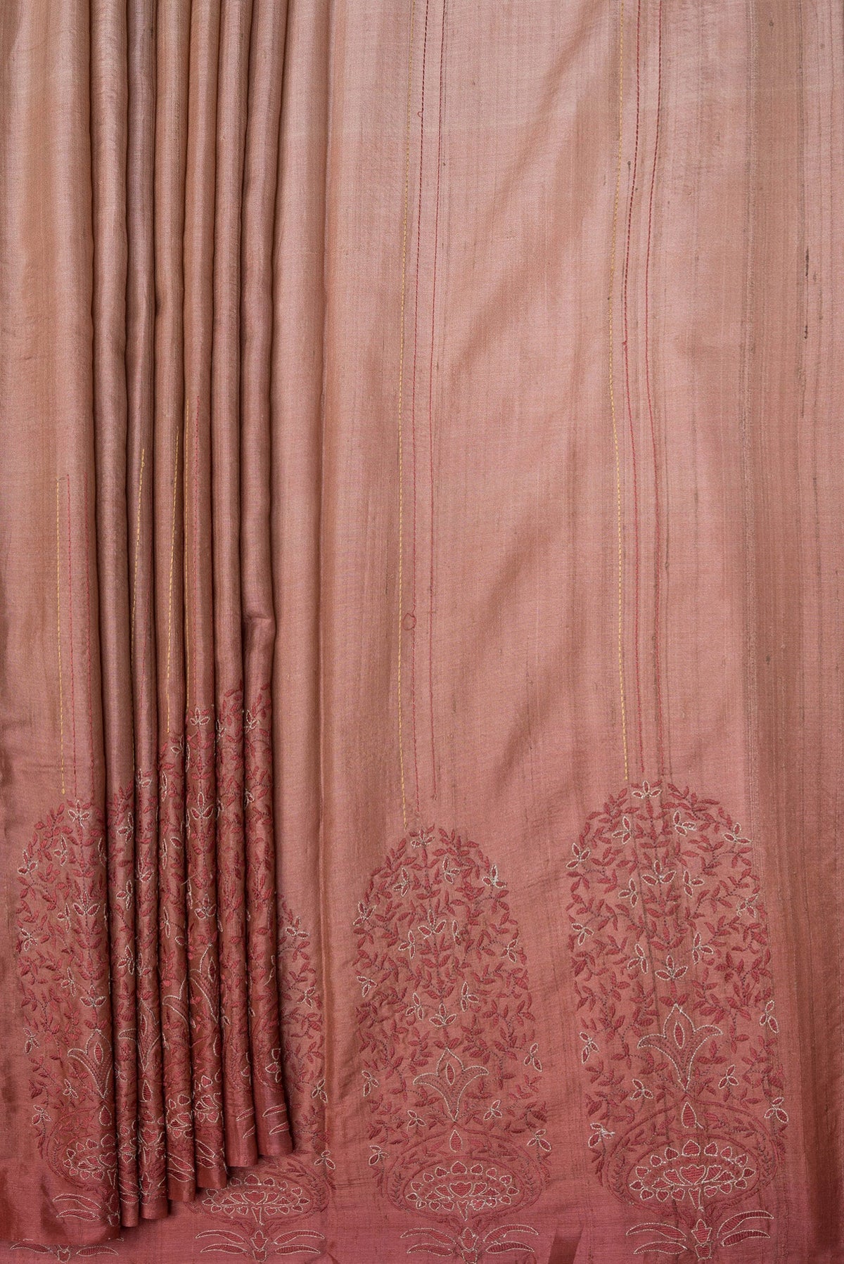 Pleats and pallu of Rose Gold Dual Tone Tussar Silk Saree with Embroidery on the body and Fancy Border. 