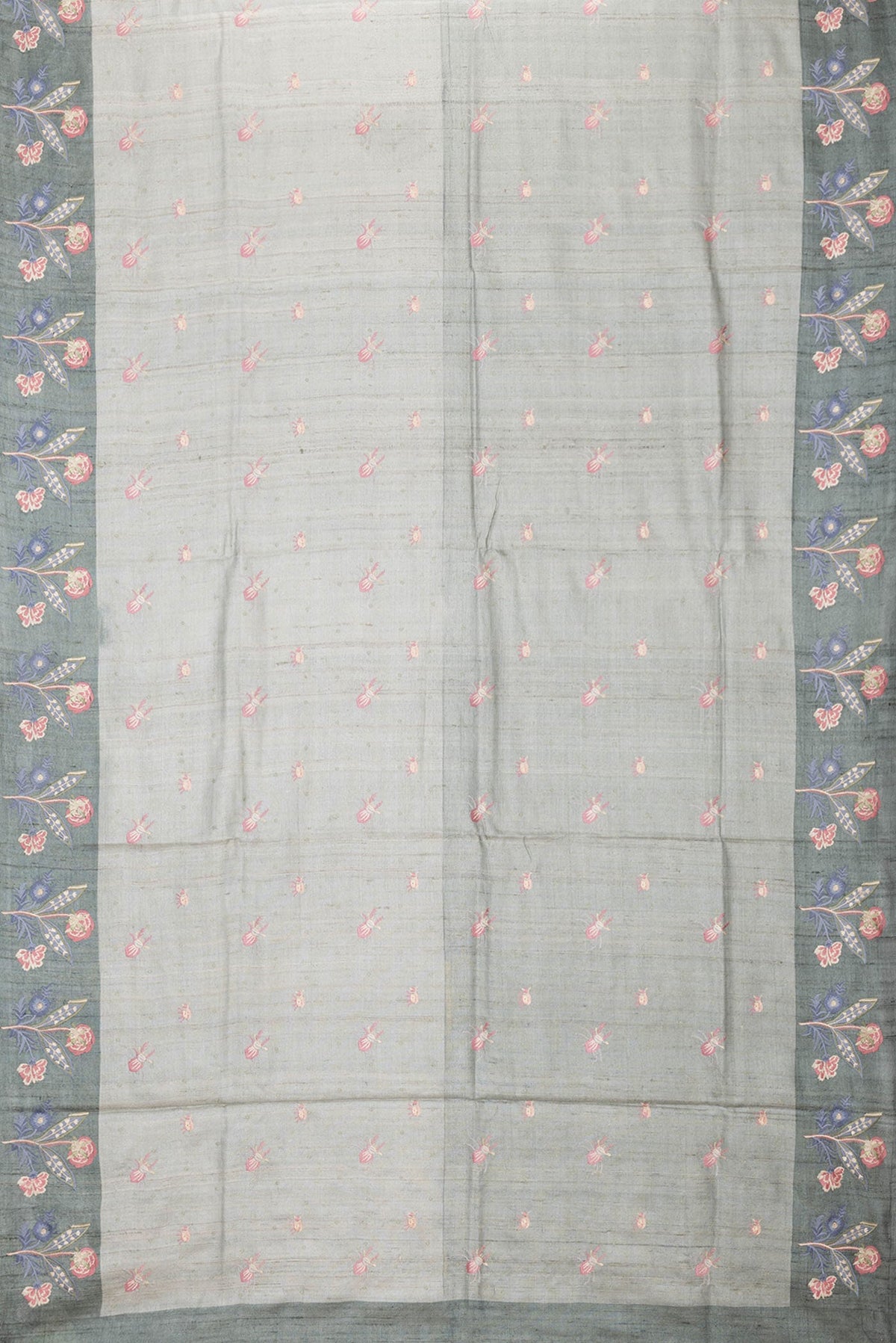 Flat view of Grey Dual Tone Tussar Silk Saree with Thread Butta on the body and Embroidery Border. 