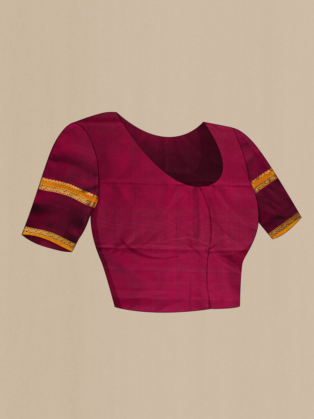 Close up image of the blouse of Burgundy Dual Tone Kanchipuram Silk Saree with Zari Brocade on the body and Zari Border. 