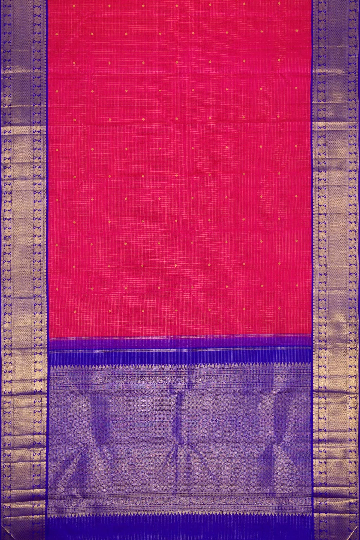 Flat view of Pure Silk Pure Zari Dark Pink Dual Tone Kanchipuram Saree with Stripes on the body and Zari Border. 