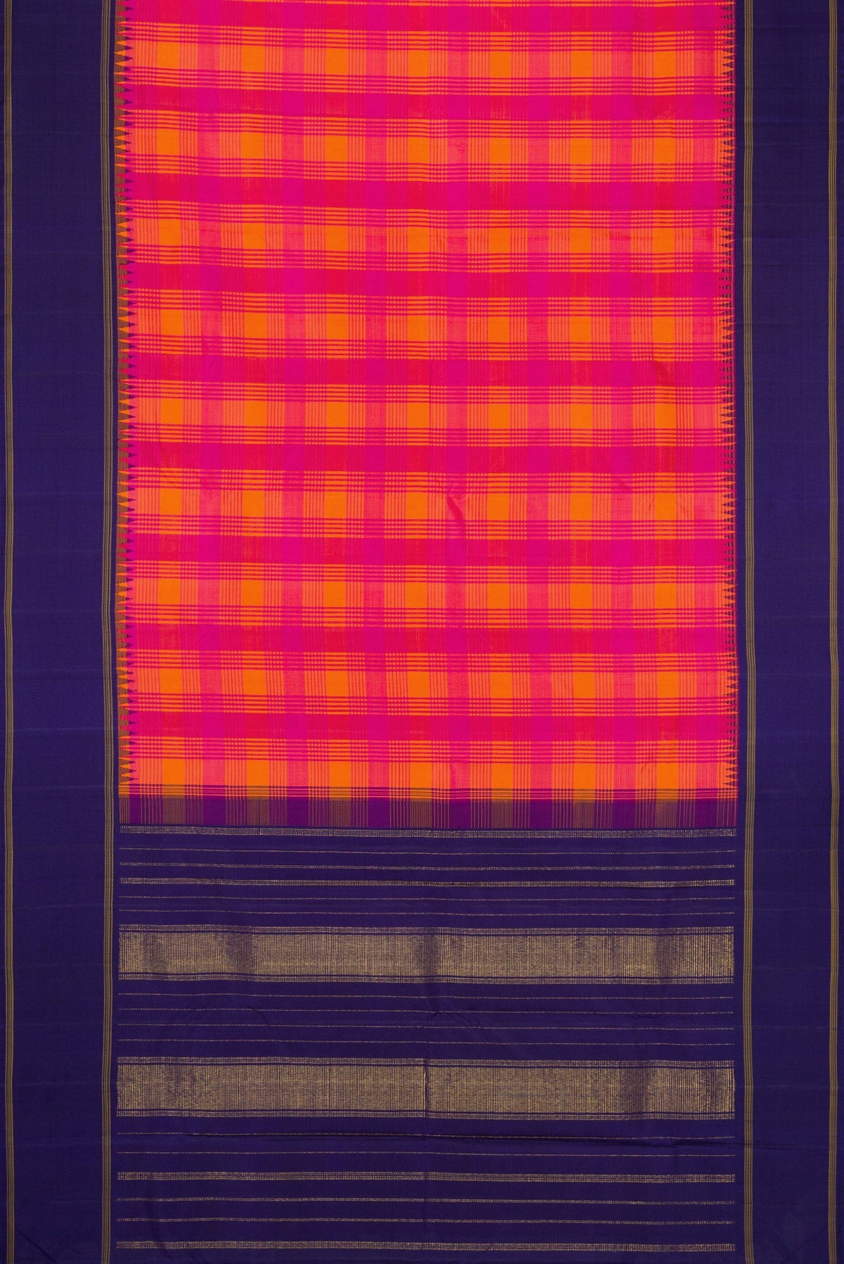 Flat view of Pure Silk Pure Zari Orange and Pink Color Kanjivaram Saree with Checked design on the body and Zari Border. 