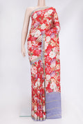 Red Dual Tone Mysore Crepe Saree with Printed design on the body and Zari Border.  displayed on a mannequin