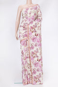 Off White Mysore Crepe Saree with Printed design on the body and Zari Border.  displayed on a mannequin