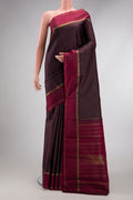 Pure Silk Pure Zari Burgundy Dual Tone Kanchipuram Saree with Stripes on the body and Zari Border.  displayed on a mannequin