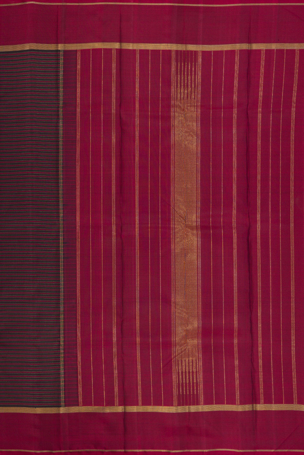 Close up image of the pallu of Pure Silk Pure Zari Burgundy Dual Tone Kanchipuram Saree with Stripes on the body and Zari Border. 